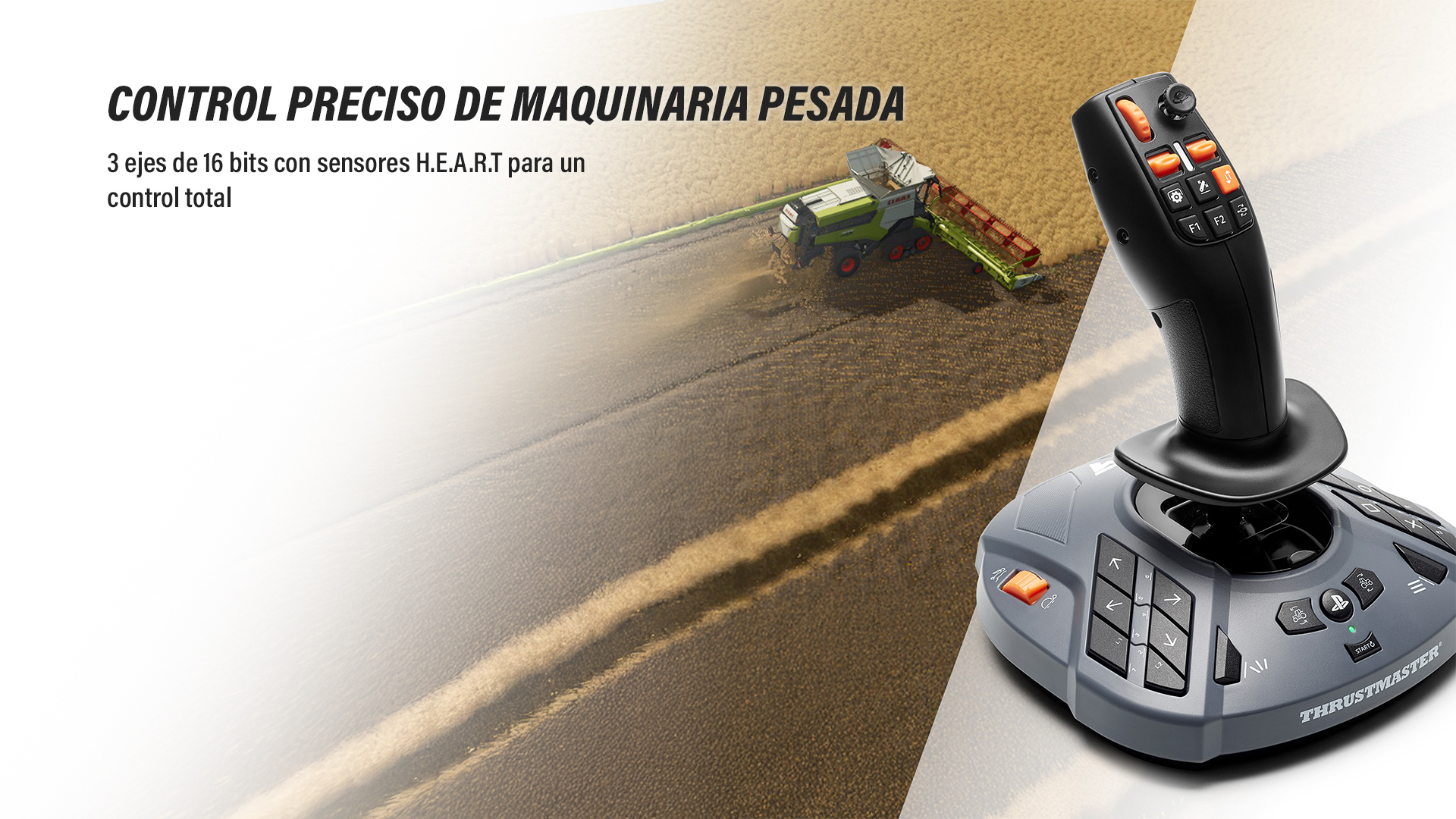 La imagen muestra un joystick con una escena agrícola en el fondo, una cosechadora cosechando cultivos, con texto sobre el control.