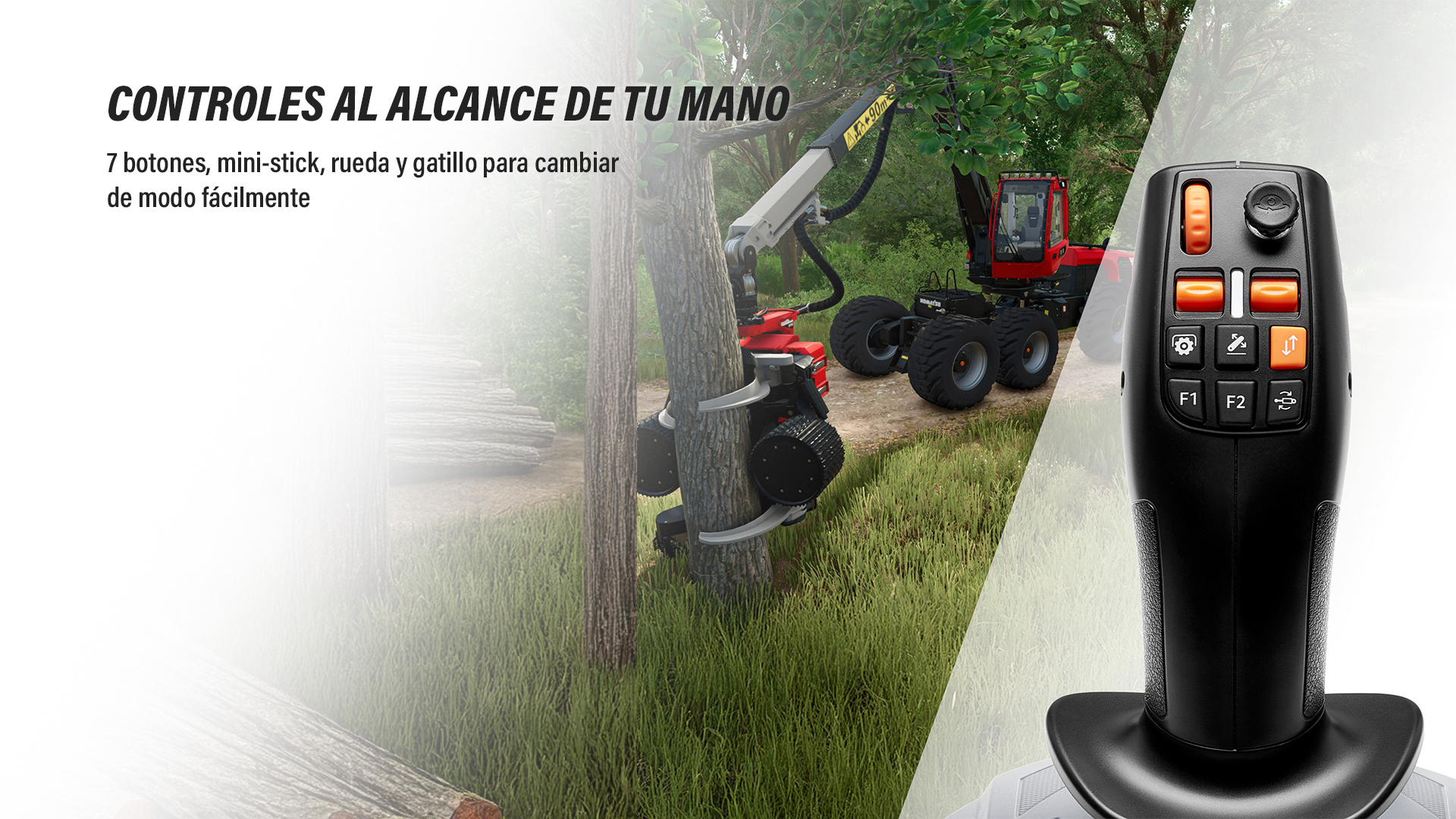 Un controlador negro con botones naranjas. Una máquina forestal roja está cortando un árbol. Texto: 'CONTROLES AL ALCANCE DE TU MANO'.