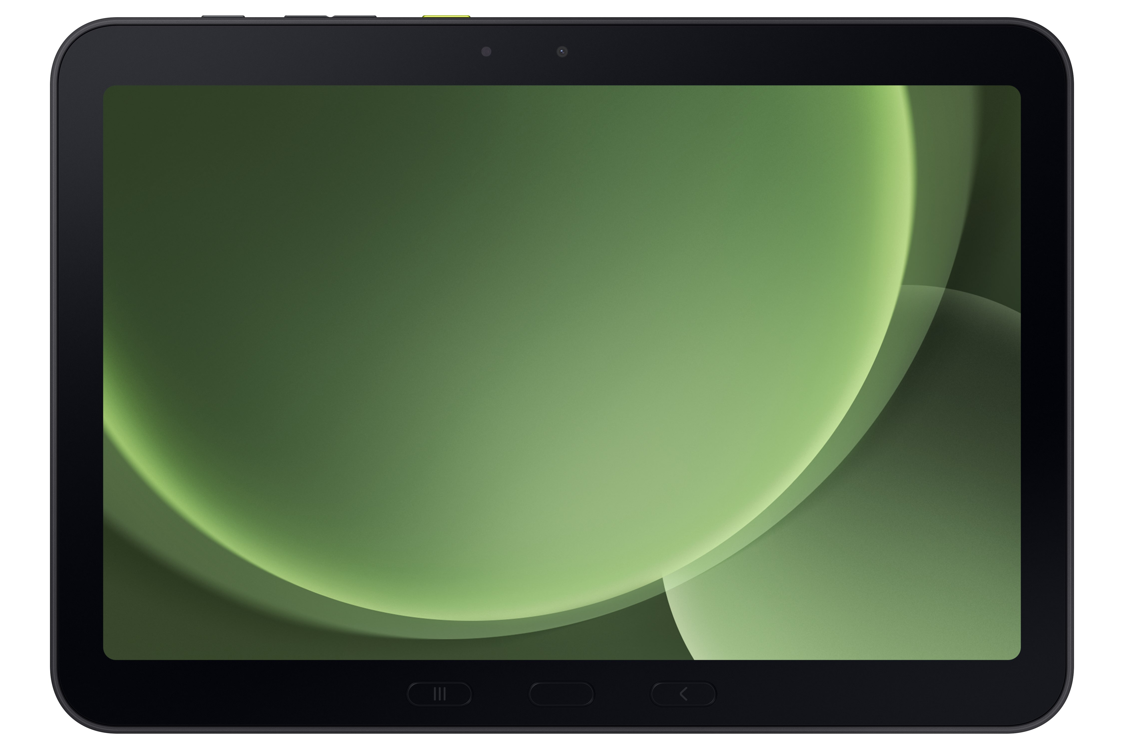 Czarny tablet z zielonym gradientem. Ma przednią kamerę i przyciski na górze.