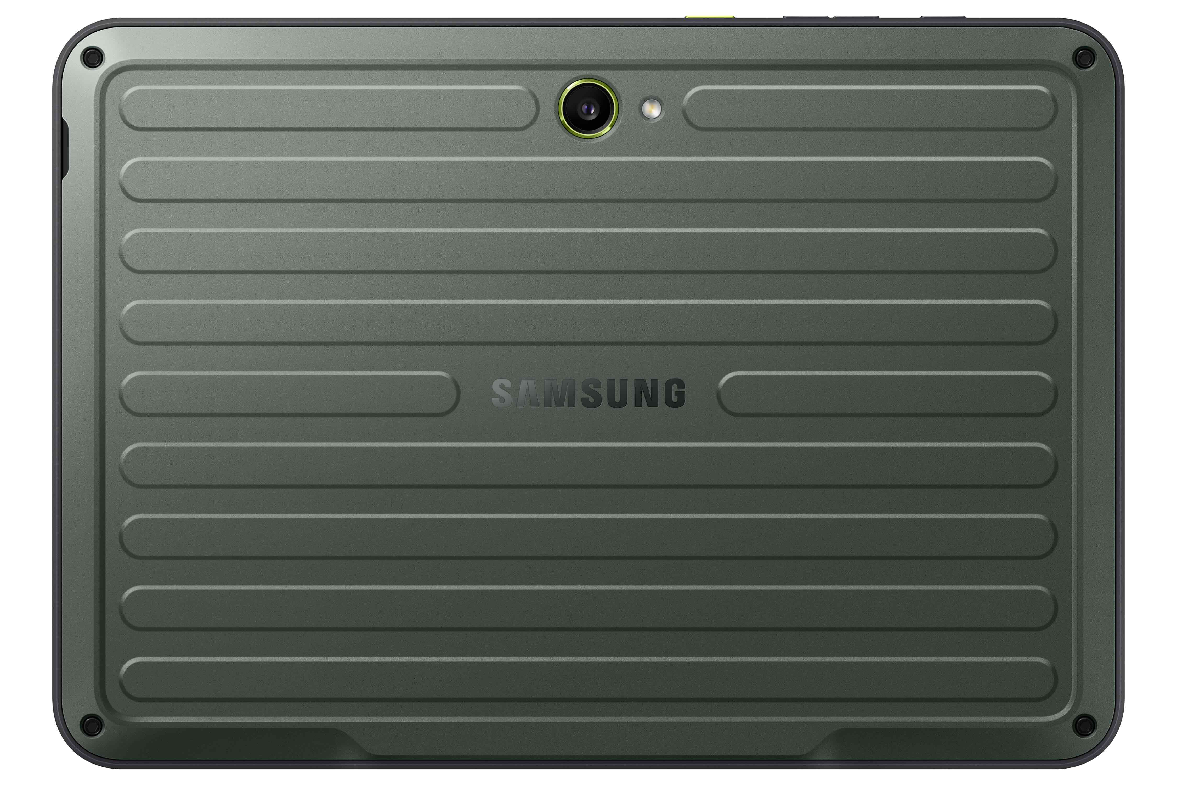 Tył tabletu. Jest szary i ma poziome grzbiety i aparat. Widoczne jest logo Samsung.