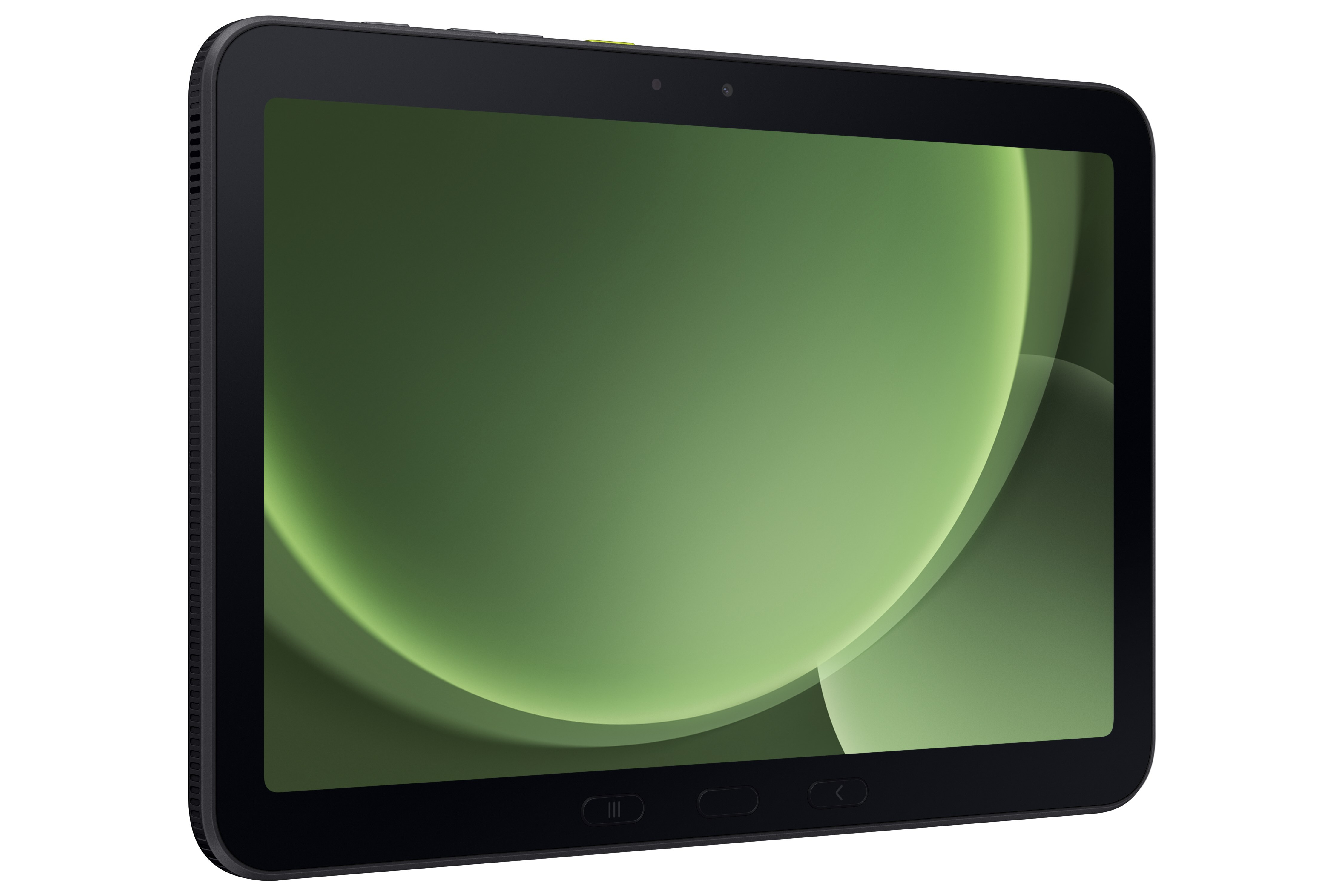 Czarny tablet z zielonym wyświetlaczem, prezentujący zakrzywiony, abstrakcyjny wzór. Posiada przedni aparat.