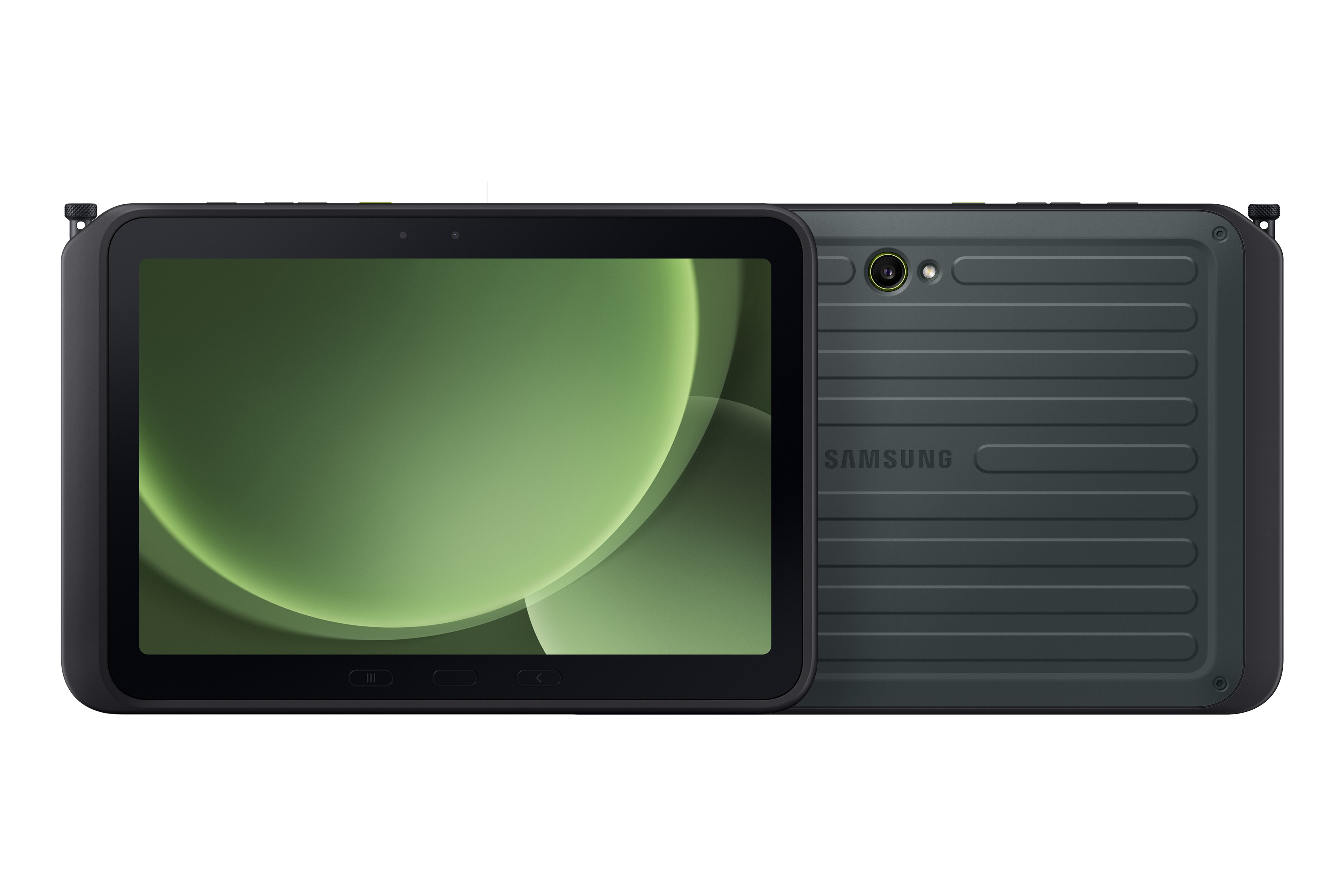 Tablet, widok z przodu i z tyłu. Ciemnoszara ramka, zielony ekran, z aparatem i logo Samsung.