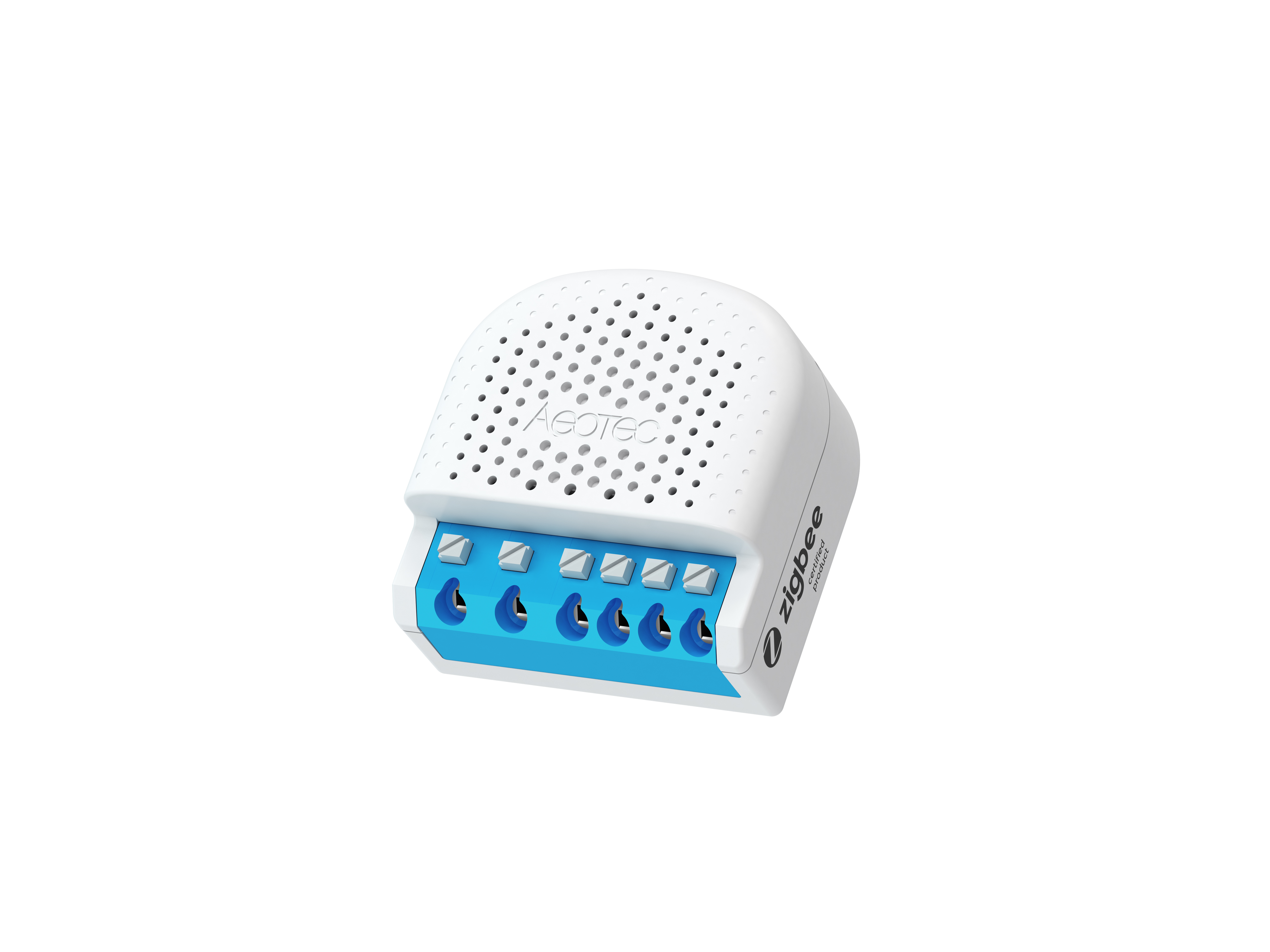 Ein weißes und blaues elektronisches Gerät mit dem Wort 'Aeotec' oben und 'zigbee' an der Seite.
