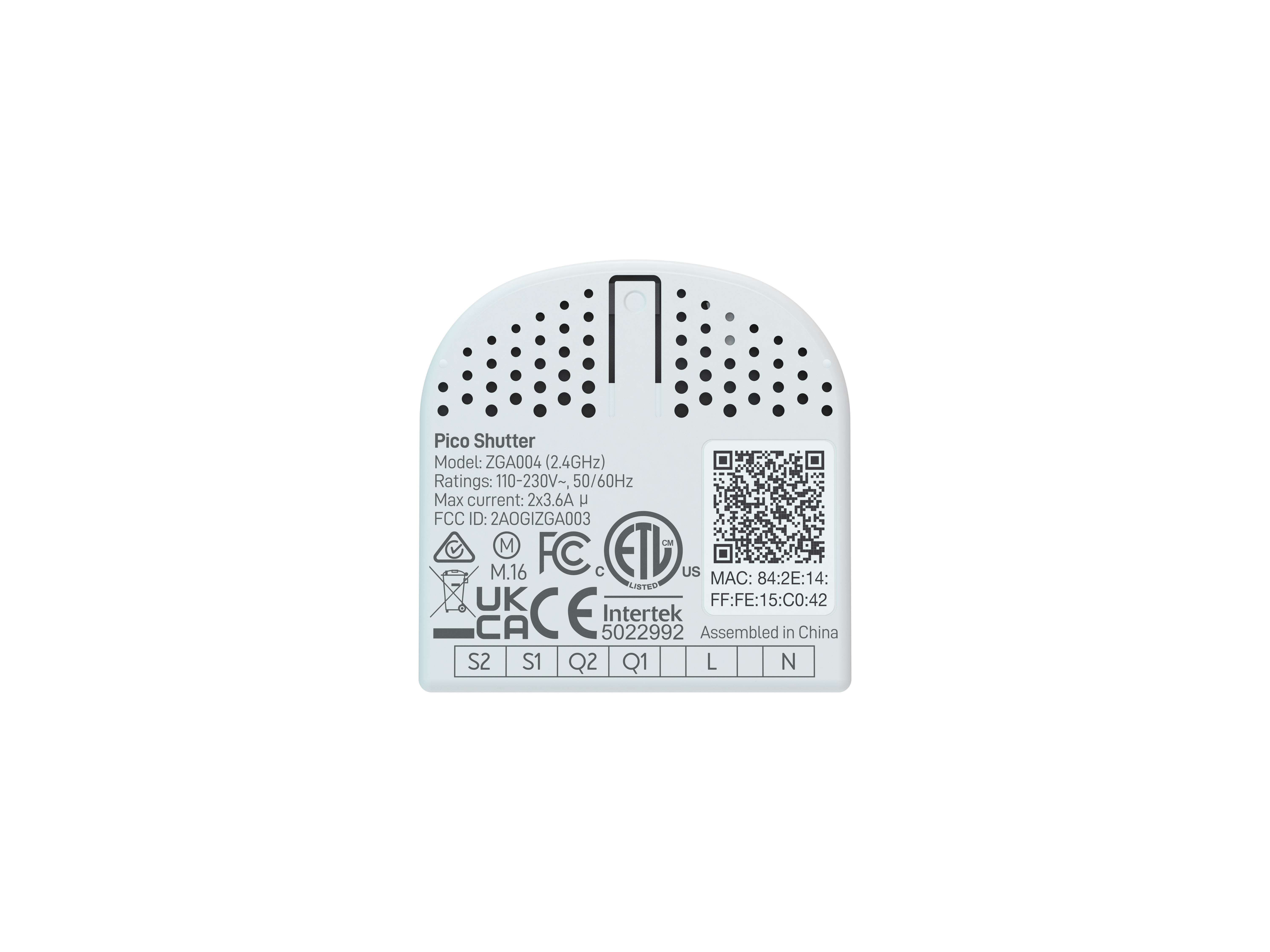 Weißes Pico Shutter-Gerät mit schwarzem Text und Logos. QR-Code und technische Details sind sichtbar.