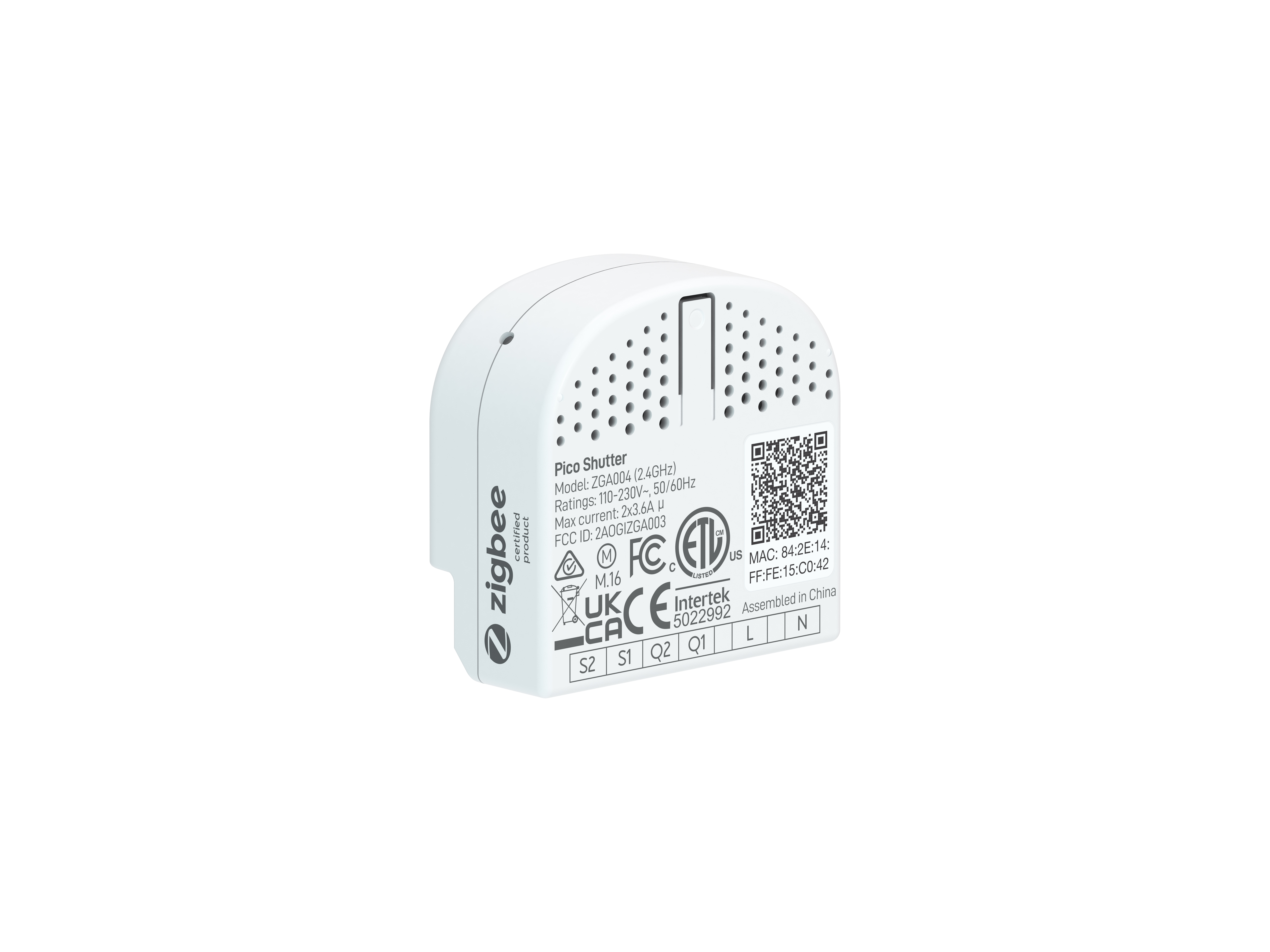 Ein weißes Zigbee Pico Shutter-Gerät mit Text und Etiketten. Es enthält einen QR-Code und Zertifizierungen.