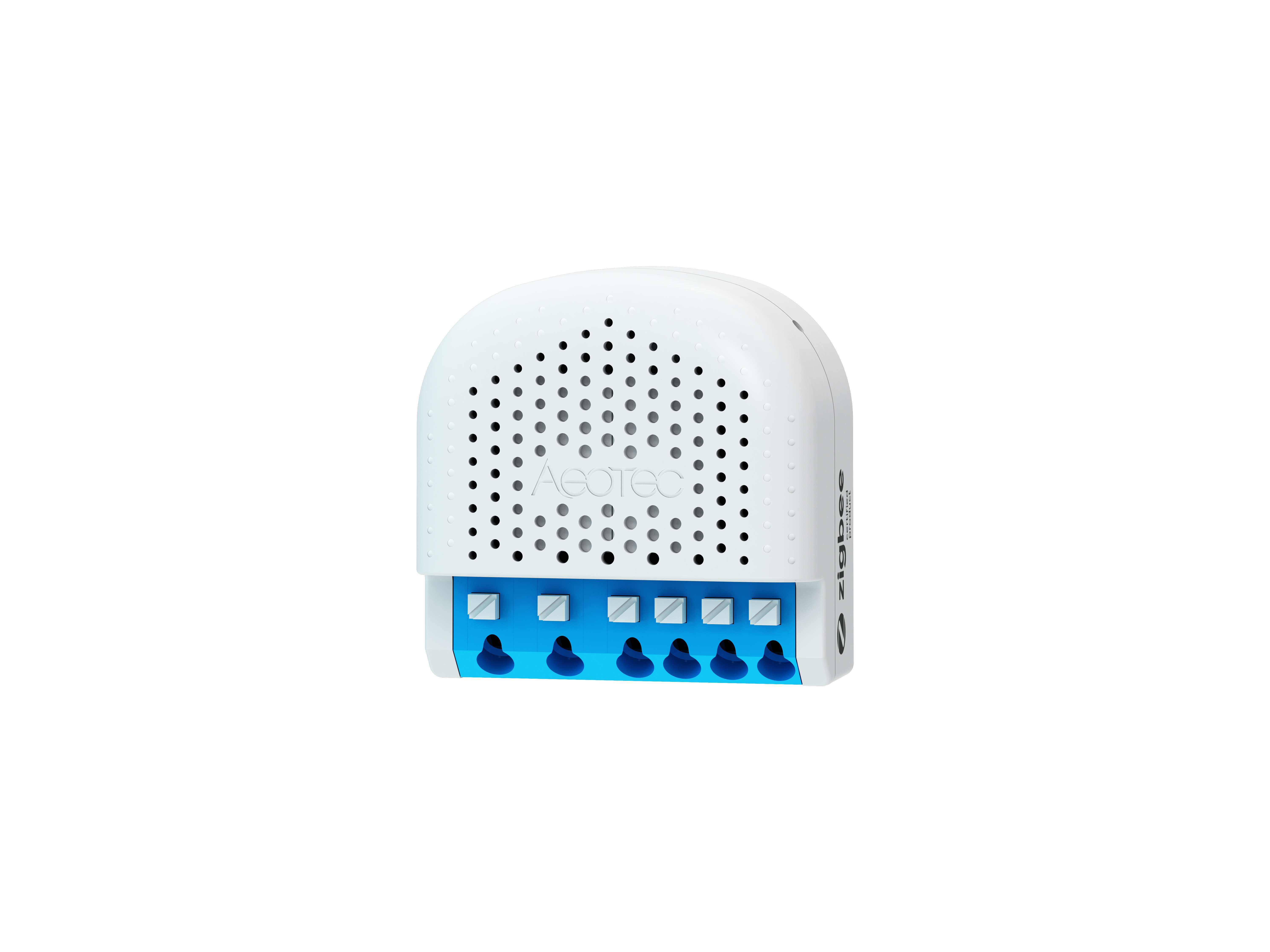 Ein weißes Aeotec-Gerät mit blauen und schwarzen Teilen. Es ist ein Zigbee-Gerät. Der Hintergrund ist weiß.