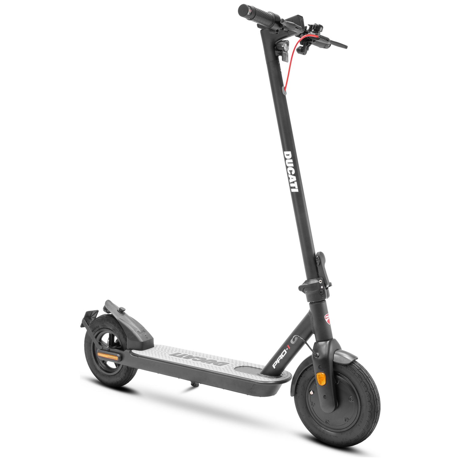 Een zwarte Ducati elektrische scooter op een witte achtergrond. Hij heeft een rode kabel en de merknaam is zichtbaar.