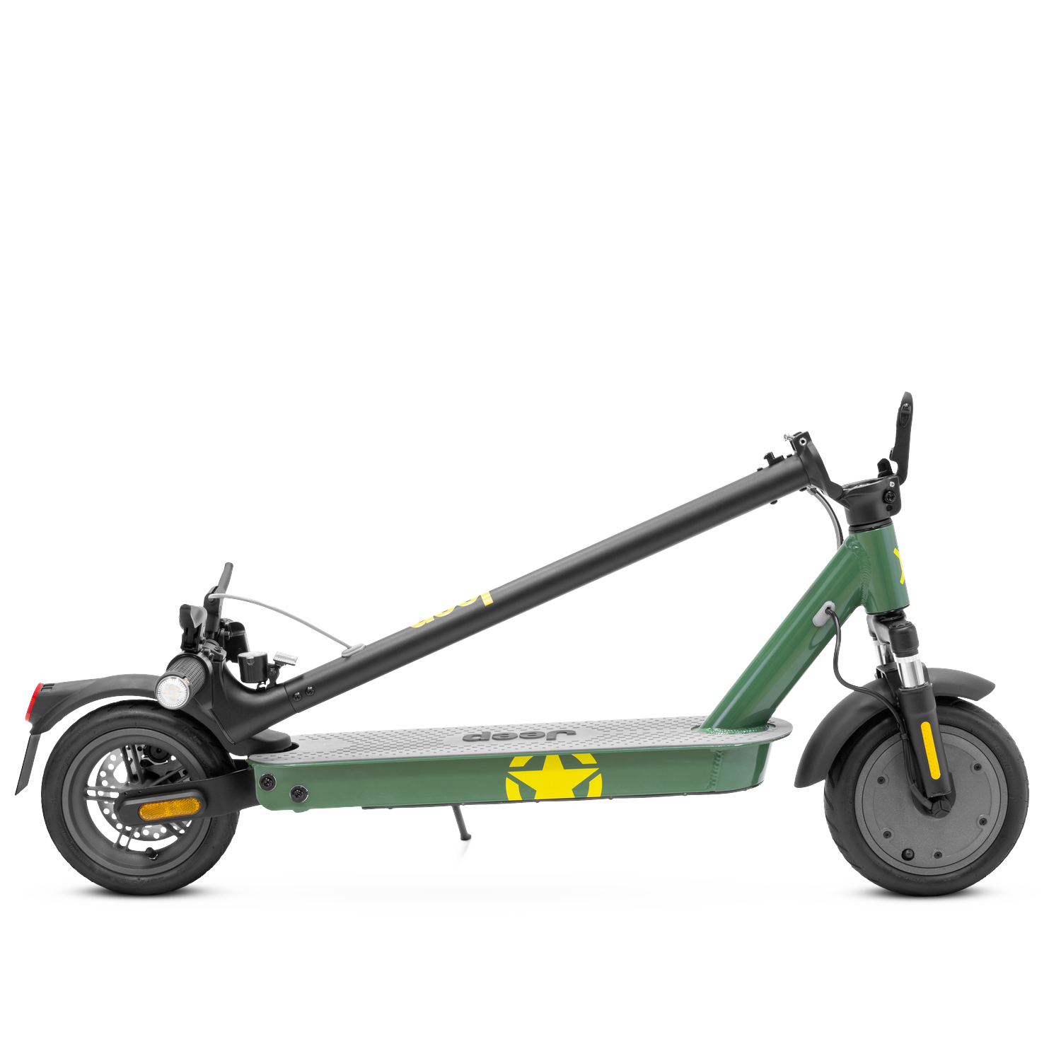 Groene en zwarte Jeep elektrische scooter. Het heeft een geel sterlogo. De achtergrond is wit.