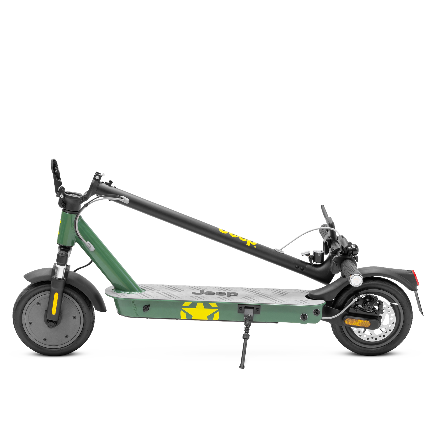 Groene en zwarte Jeep elektrische scooter op witte achtergrond. Geel sterlogo en Jeep logo zijn zichtbaar.
