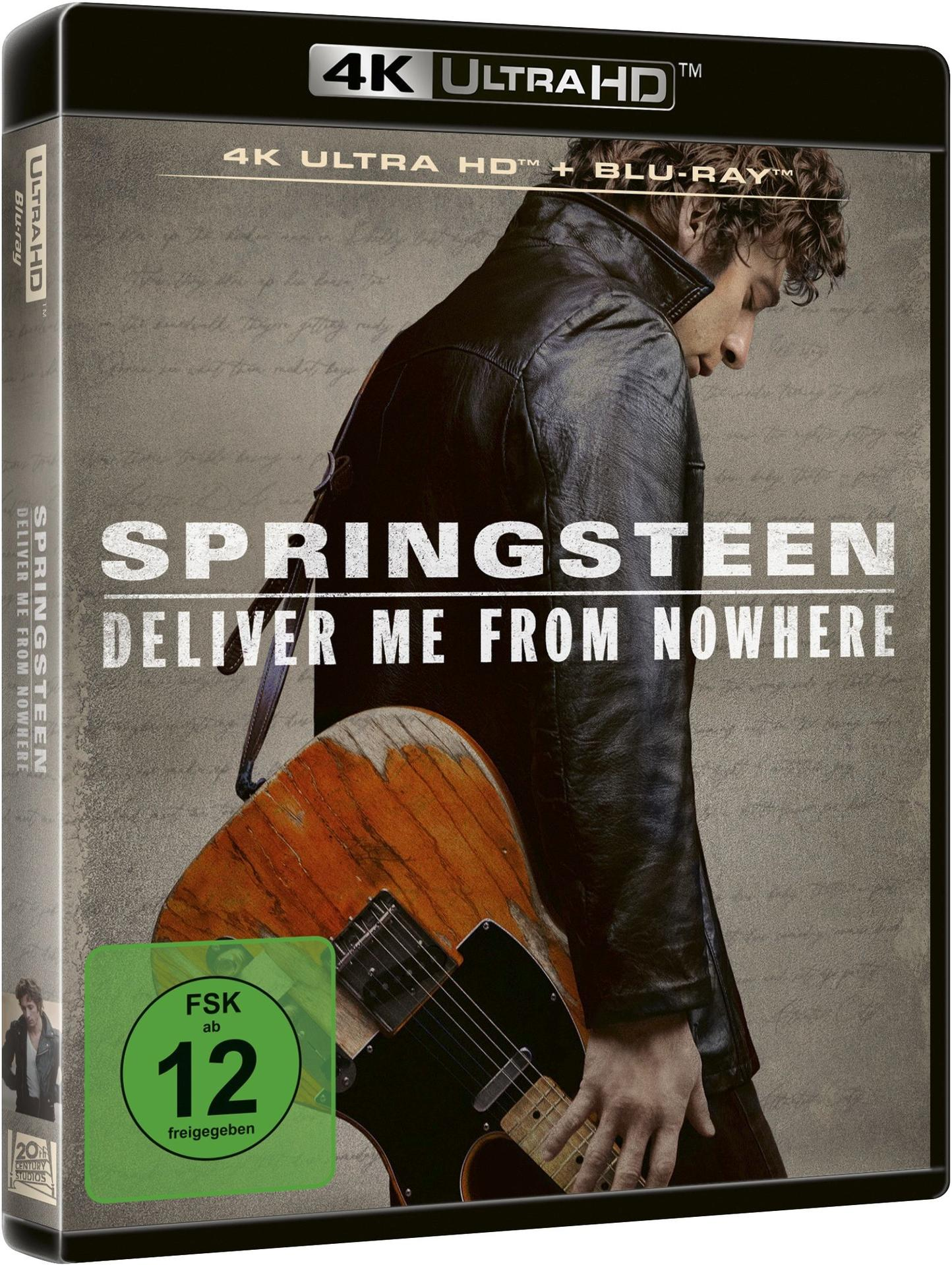 Albumcover: Bruce Springsteen mit Gitarre. Titel: Springsteen Deliver Me From Nowhere. Schwarze Jacke, braune Gitarre, grauer Hintergrund.