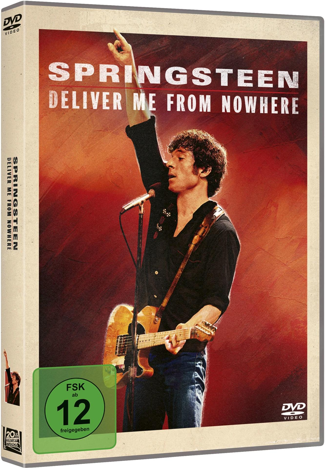 DVD-Cover. Bruce Springsteen mit Gitarre, zeigt nach oben. Titel: Springsteen, Deliver Me From Nowhere. FSK 12 Bewertung. Roter Hintergrund.