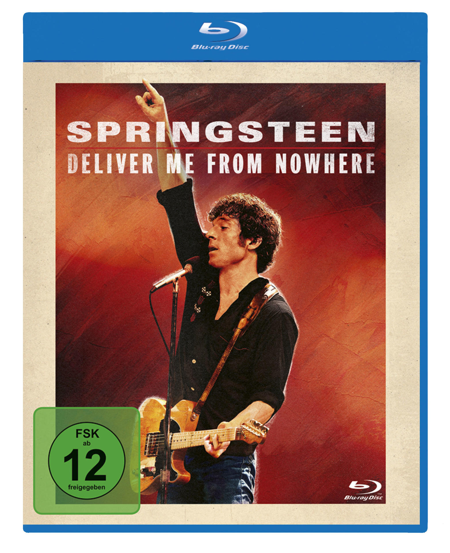 Blu-ray-Cover. Springsteen mit Gitarre, Arm erhoben. Roter Hintergrund. Text: Deliver Me From Nowhere. FSK 12.