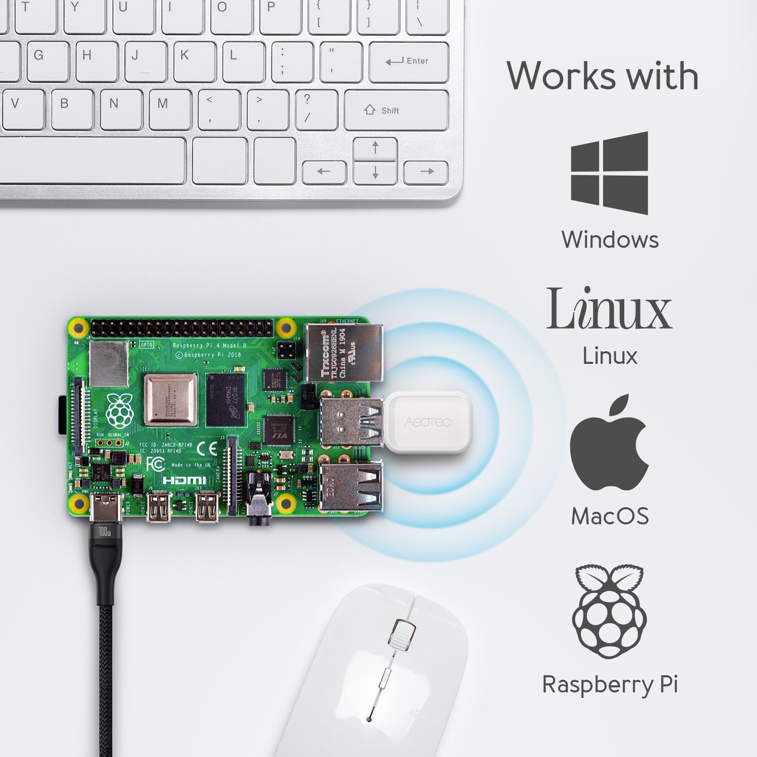 Raspberry Pi-Board mit Tastatur, Maus und Logos für Windows, Linux, MacOS und Raspberry Pi.