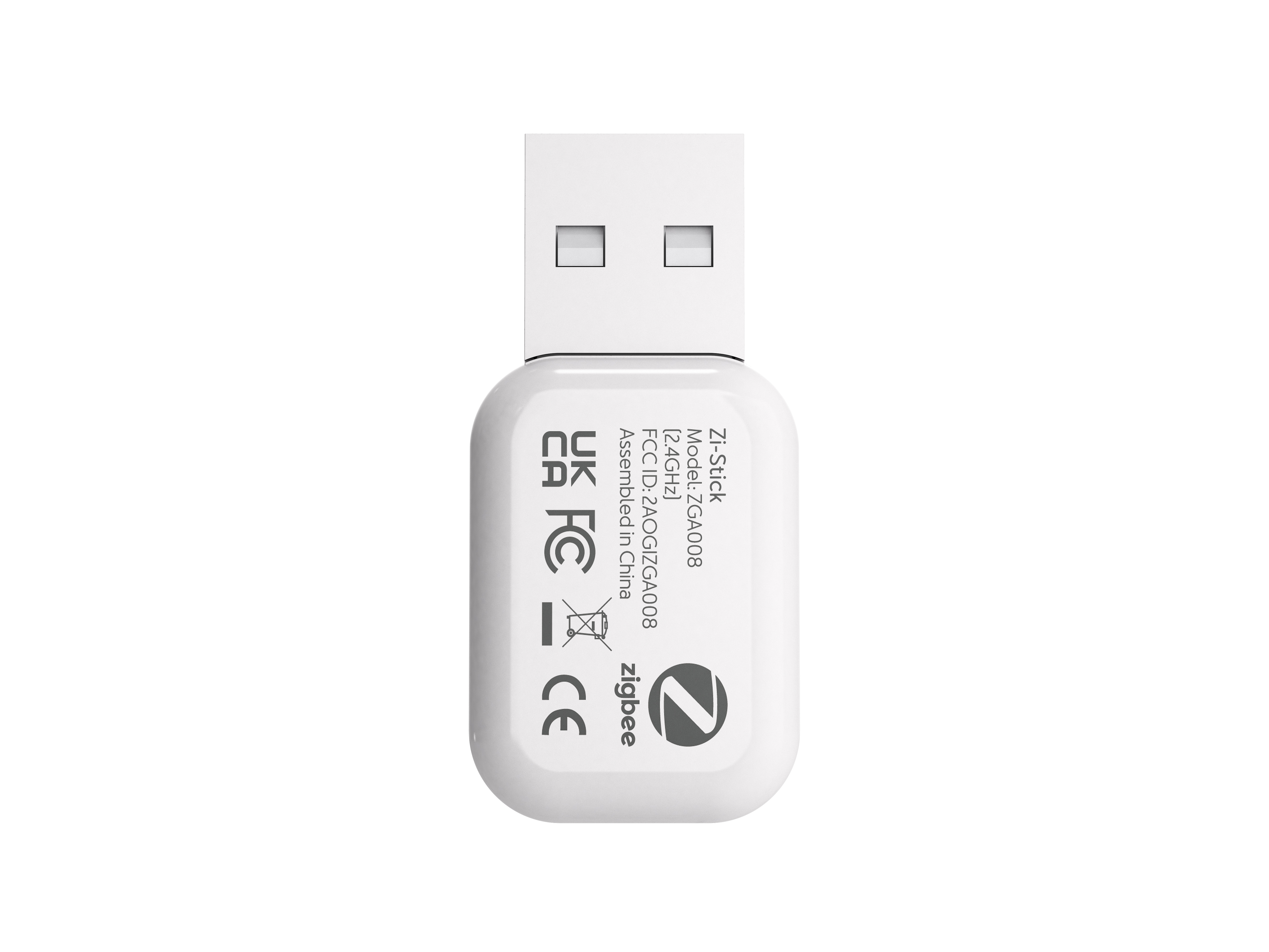 Ein weißer USB-Stick mit weißem Stecker. Er hat Text und Logos. Der Hintergrund ist weiß.
