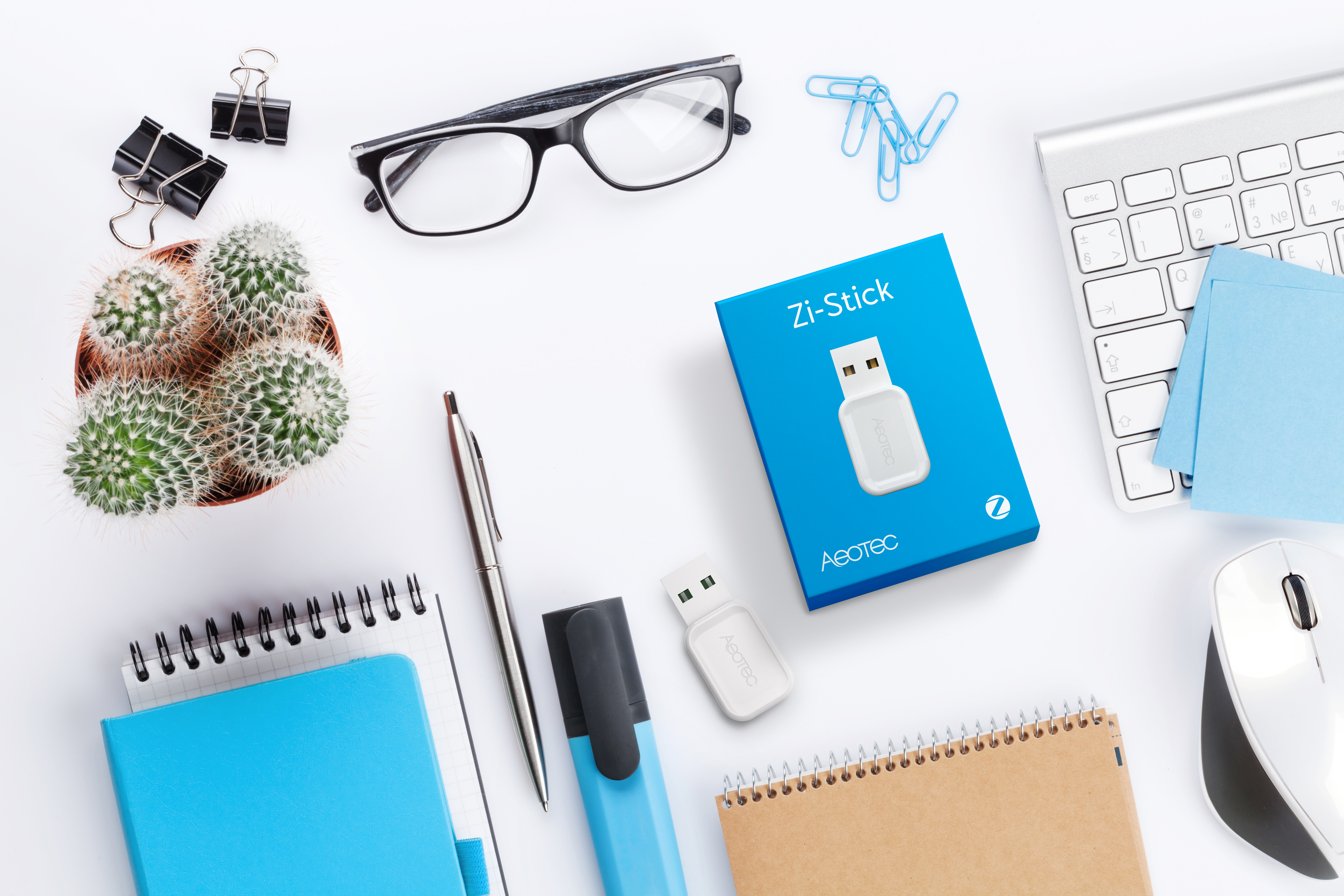 Schreibtisch-Setup mit Brille, Kaktus, Stift, USB-Stick-Box, Tastatur, Maus und Notizblöcken. Alles auf weißem Hintergrund.