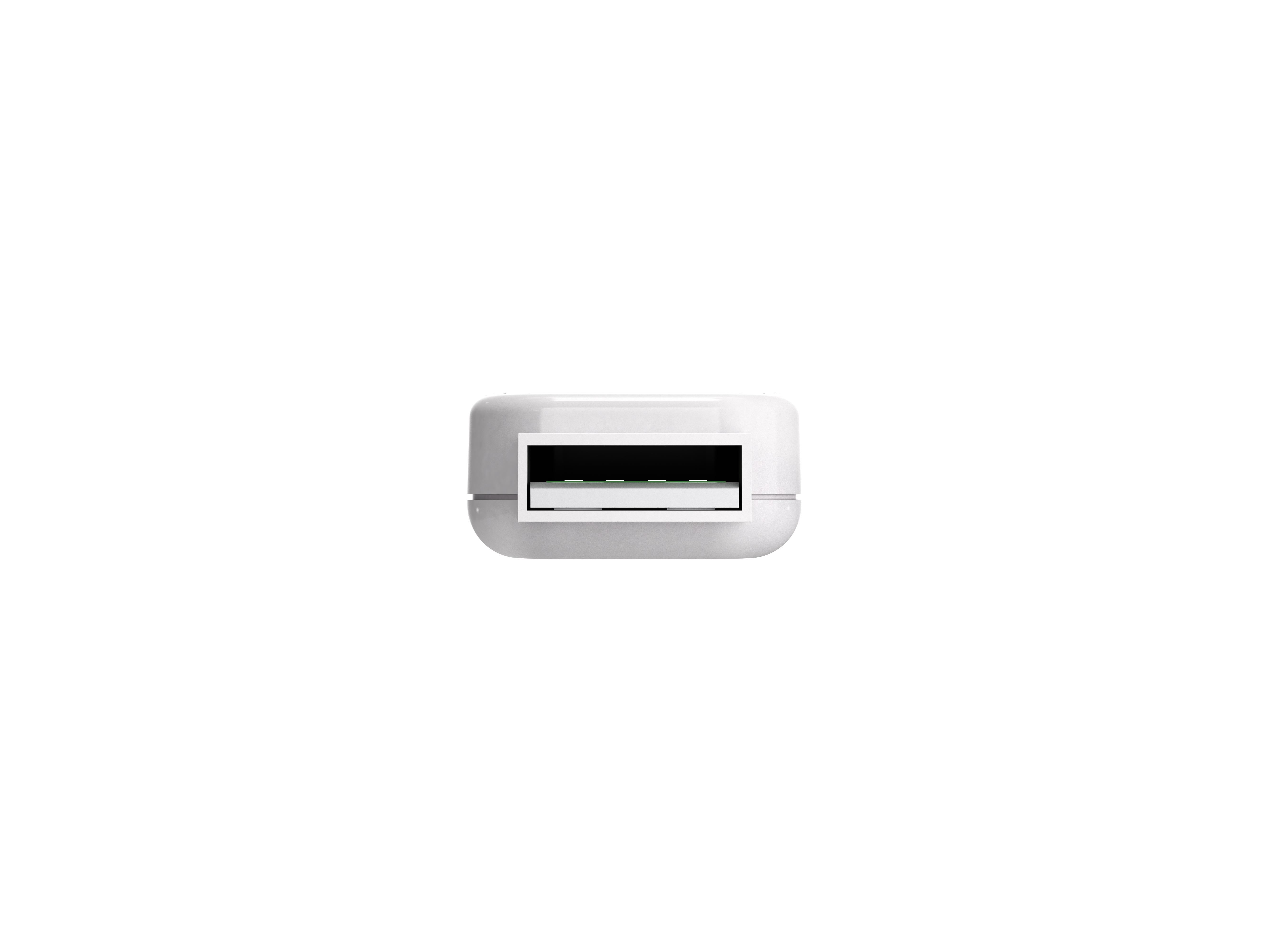 Ein weißer USB-Anschluss vor weißem Hintergrund. Der Steckplatz ist schwarz mit grünen Kontakten.
