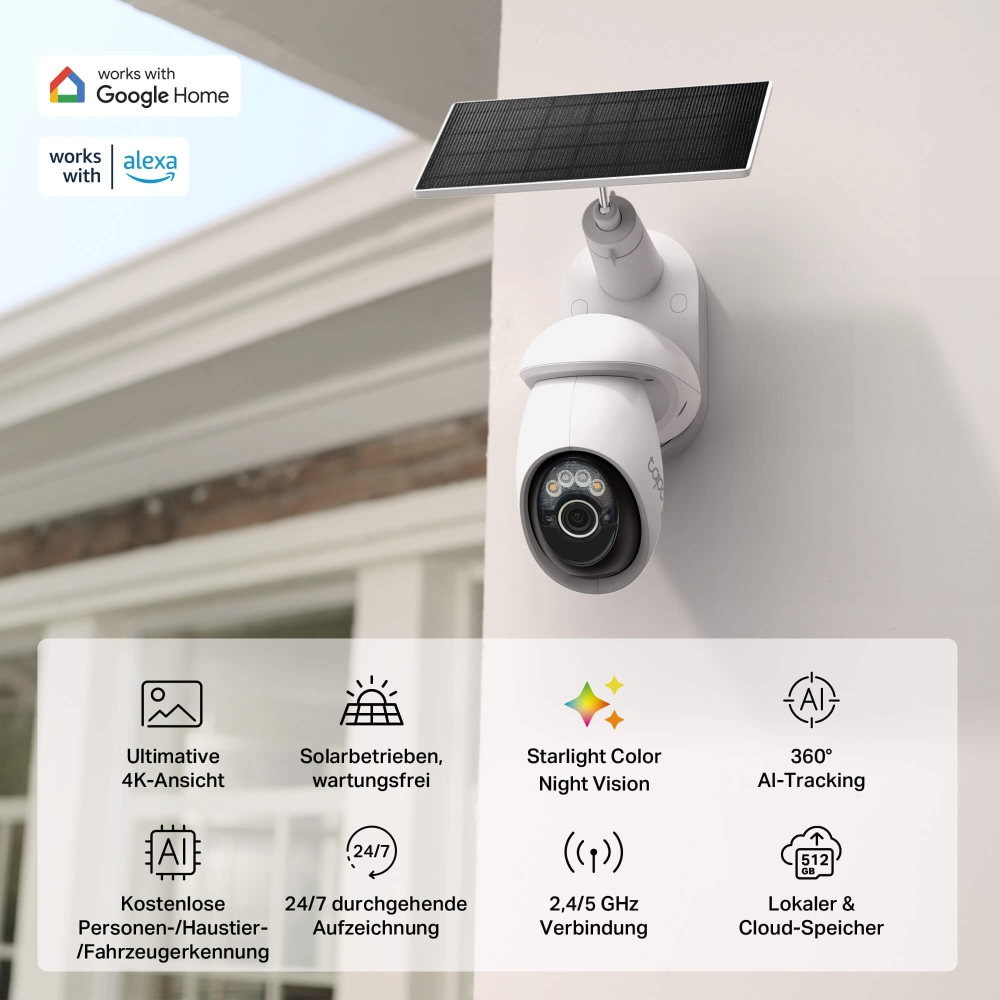 Eine weiße Überwachungskamera mit Solarpanel ist an der Wand montiert. Sie verfügt über Nachtsicht, KI-Tracking und Cloud-Speicher.