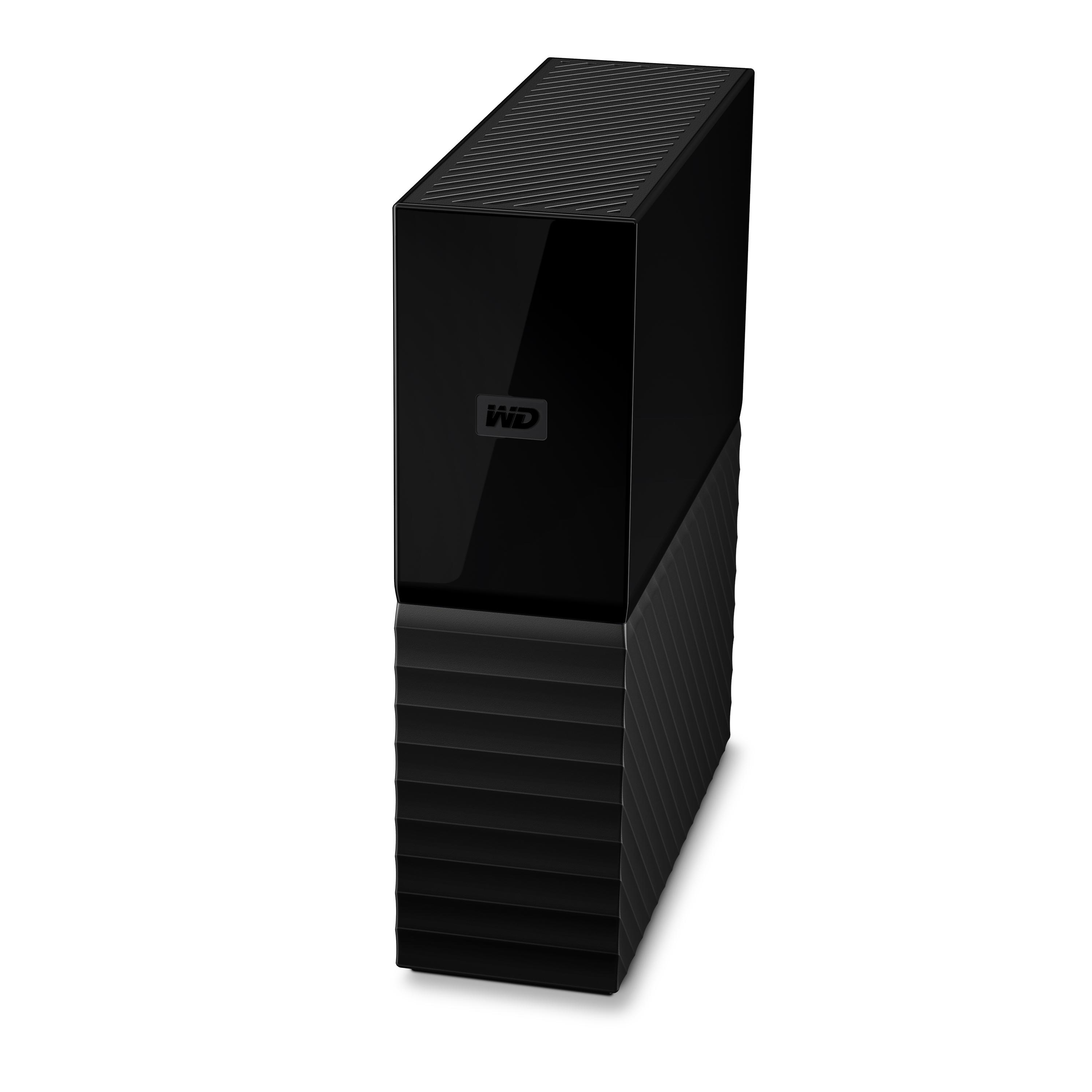 Eine schwarze externe Festplatte mit WD-Logo. Sie hat eine geriffelte untere Hälfte und eine glatte obere Hälfte.