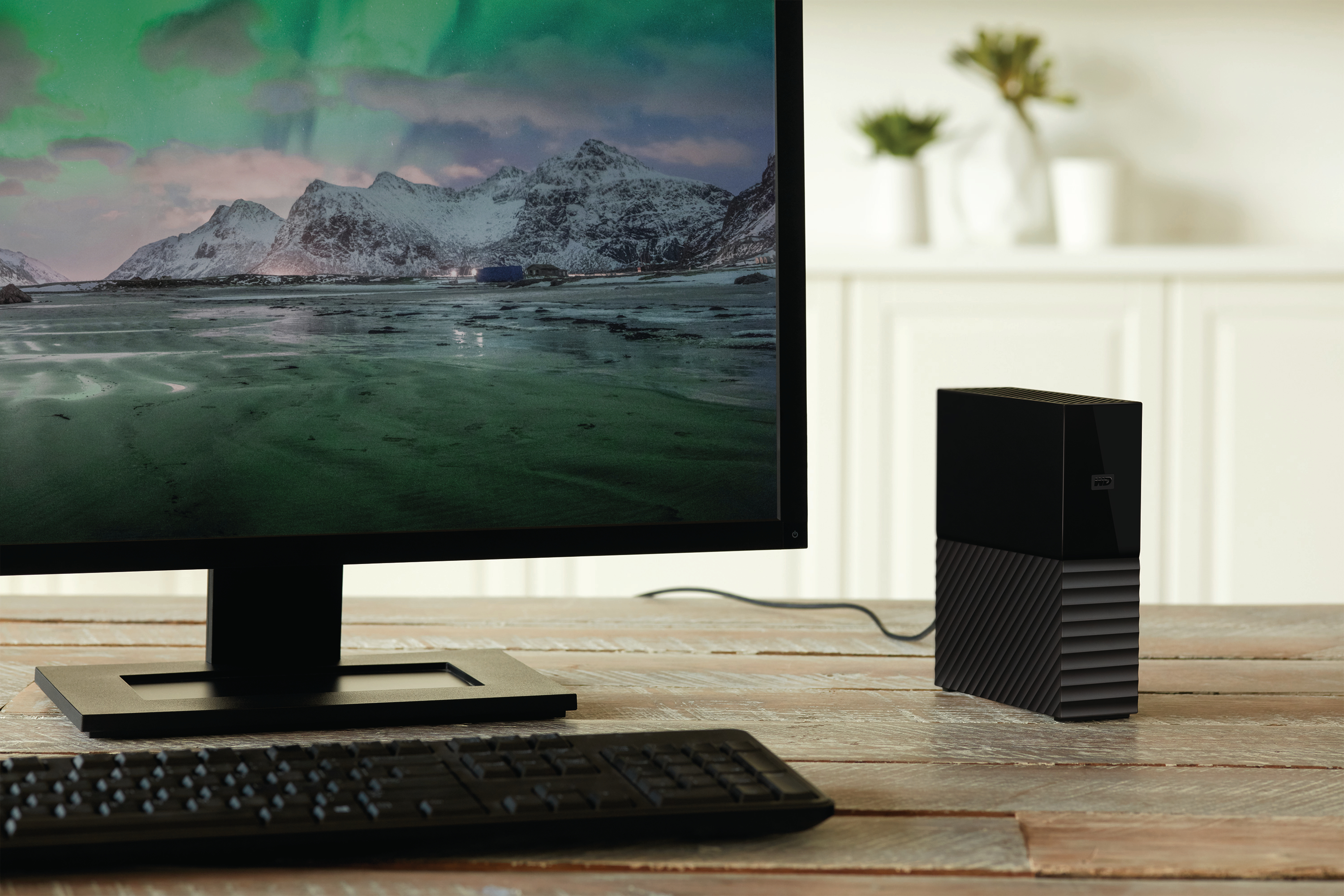 Monitor mit Landschaftsbild, Tastatur und externer Festplatte auf einem Holztisch. Weiße Wand und Pflanzen im Hintergrund.
