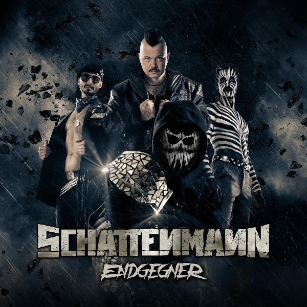 Vier Figuren, eine mit zebragestreiftem Gesicht, stehen im Regen. Bandname 'Schattenmann' und 'Endgegner' erscheinen unten.