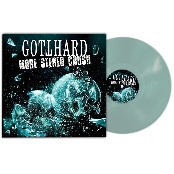 Albumcover: Gotthard, More Stereo Crush. Vinylplatte mit Glasscherben-Effekt auf dem Cover, hellgrüne Platte.