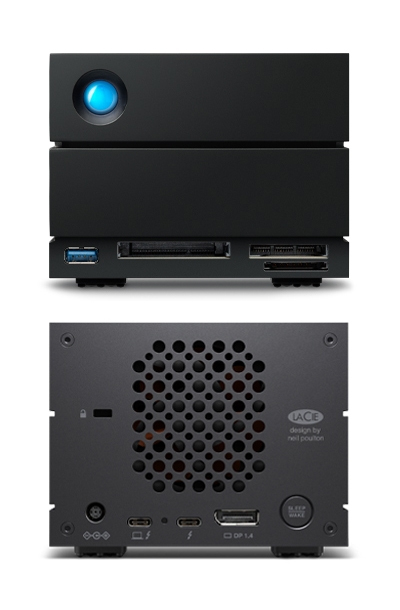 Schwarze externe Festplatte von LaCie. Vorne: blaues Licht, USB- und Kartensteckplätze. Rückseite: Lüfter, Anschlüsse und Power-Taste.