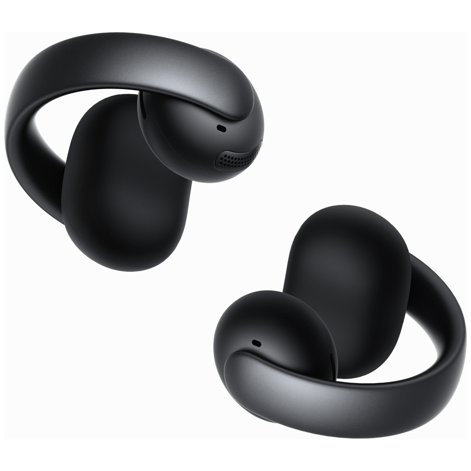 Twee zwarte, moderne koptelefoons op een witte achtergrond. Elk heeft een gebogen over-ear ontwerp met een afgeronde oordop.