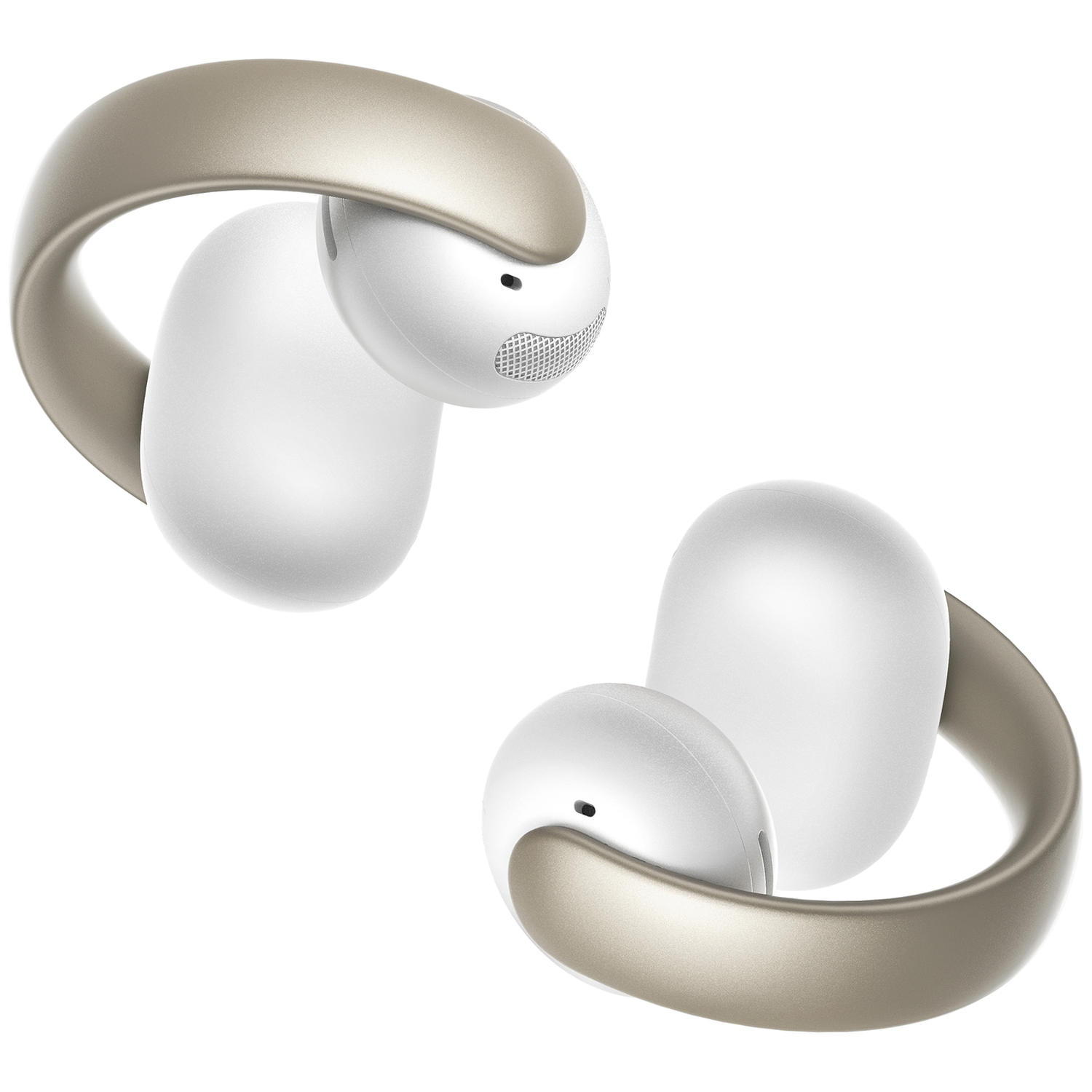 Twee witte en gouden draadloze oordopjes. Elke oordopje heeft een witte capsule met een gouden lus. Geïsoleerd op wit.