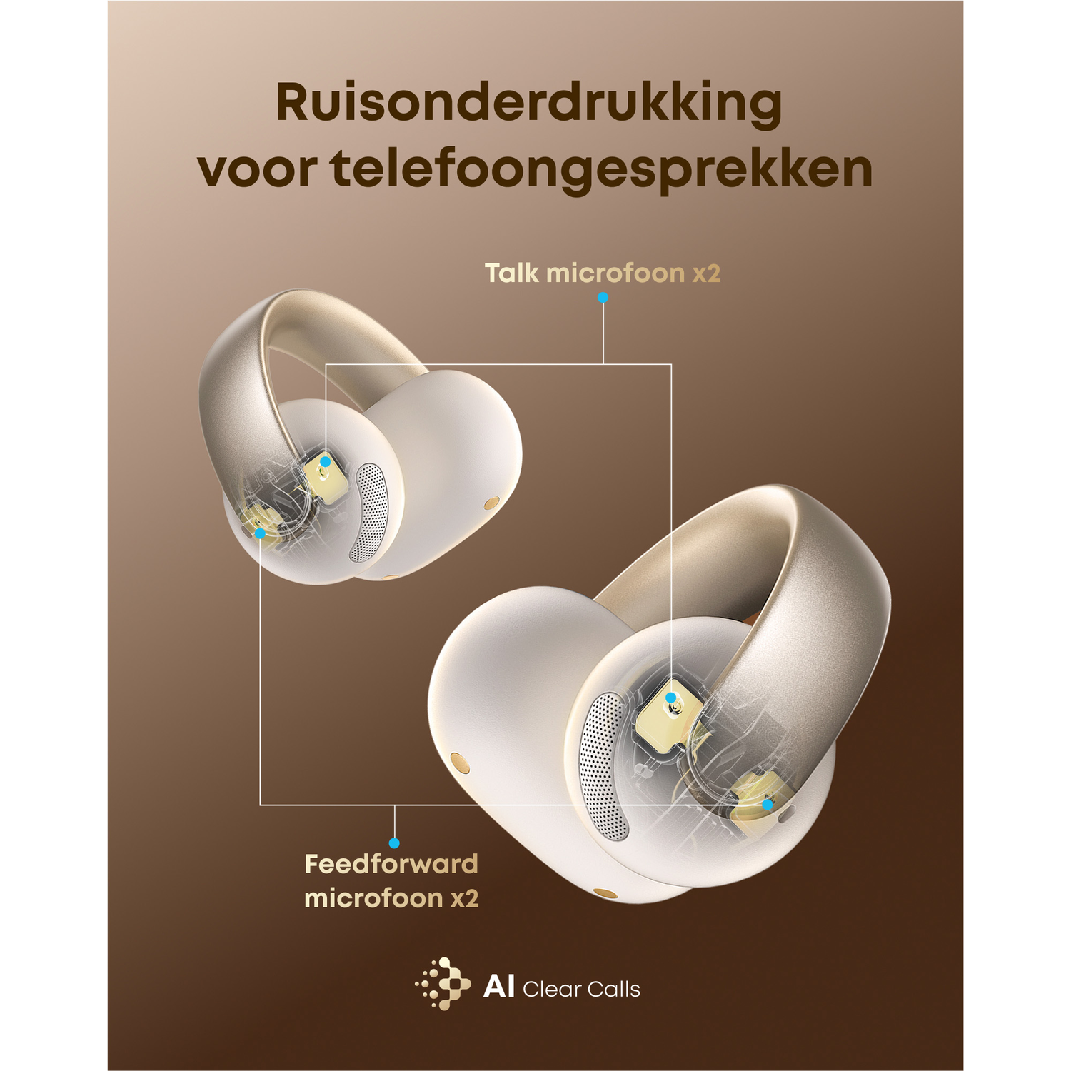 Afbeelding toont twee witte en gouden oordopjes. Tekst zegt 'Ruisvermindering voor telefoongesprekken'. Annotaties wijzen naar microfoons.