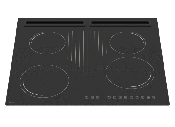 Czarna płyta indukcyjna z czterema palnikami, wentylacją i ikonami sterowania. Marka to 'SOLGAZ'.