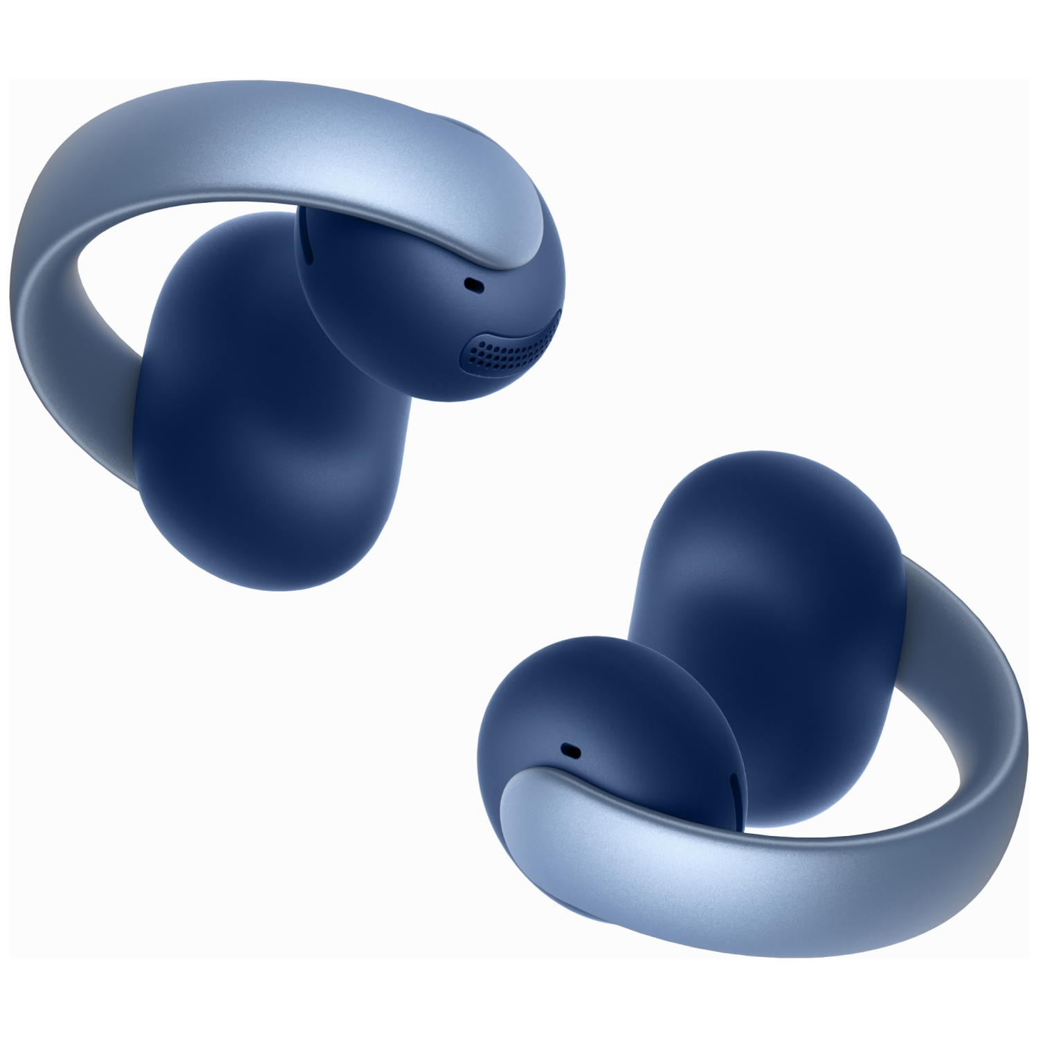 Two blue and silver wireless earbuds on a white background. One earbud is upside down. Both have a curved design.