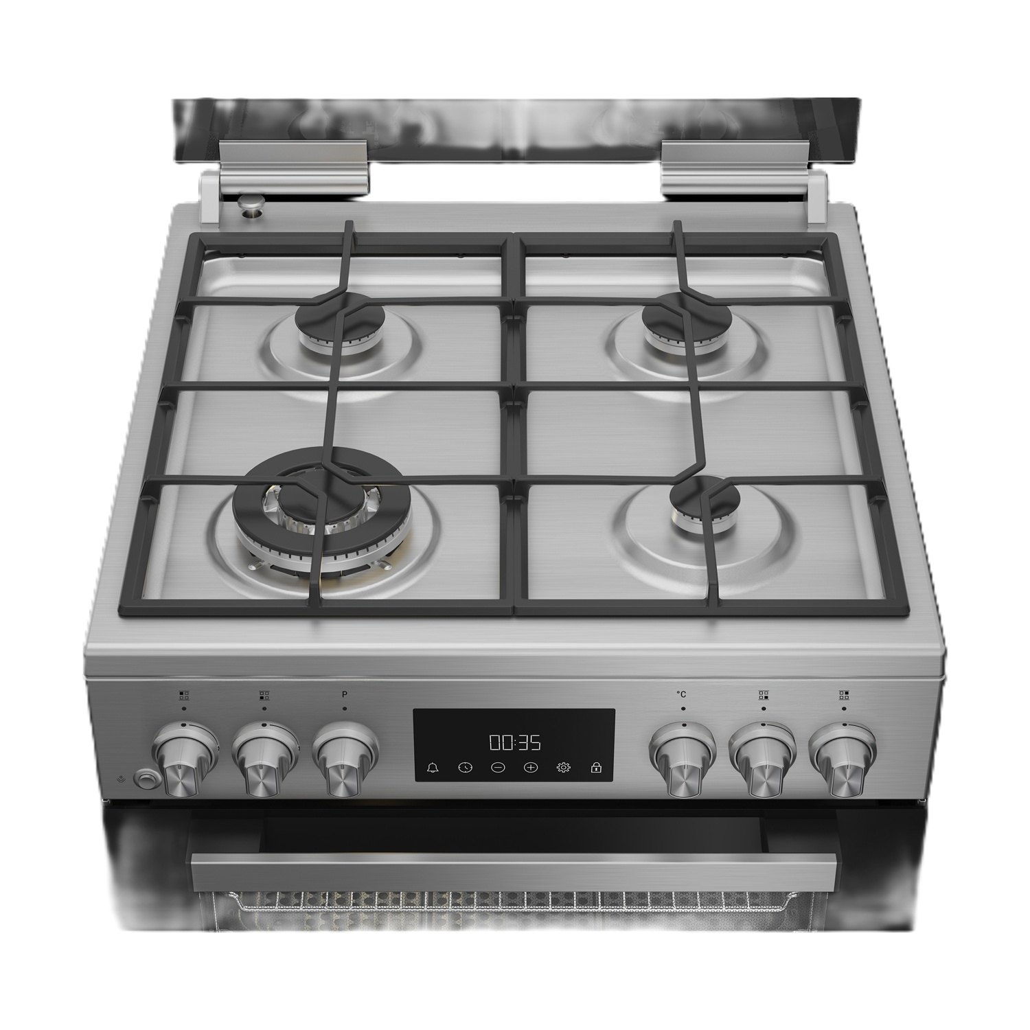 Un fornello a gas in acciaio inossidabile con quattro fuochi, un orologio digitale e manopole di controllo. La porta del forno è visibile.