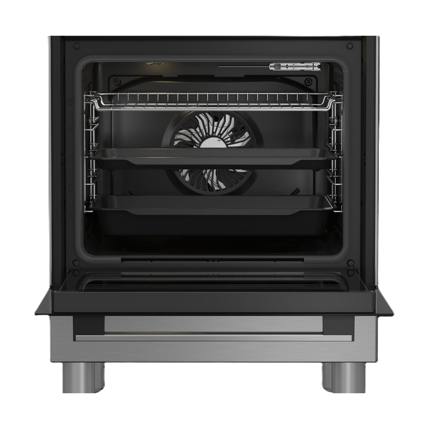 Forno aperto con griglie, ventola e vassoi. Base in acciaio inox con interno nero.