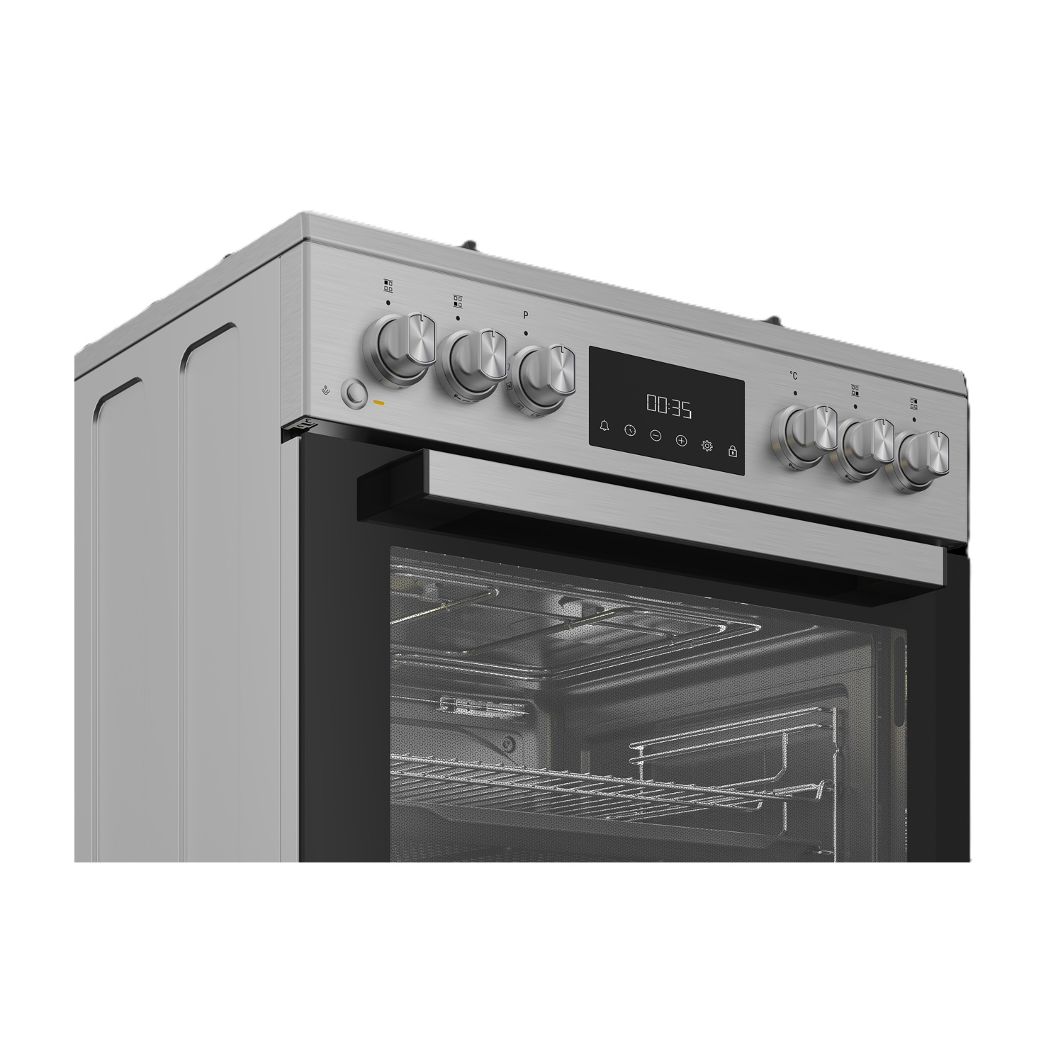 Un forno in acciaio inossidabile con manopole e display digitale che mostra 00:35. La porta del forno è nera, con griglie visibili.