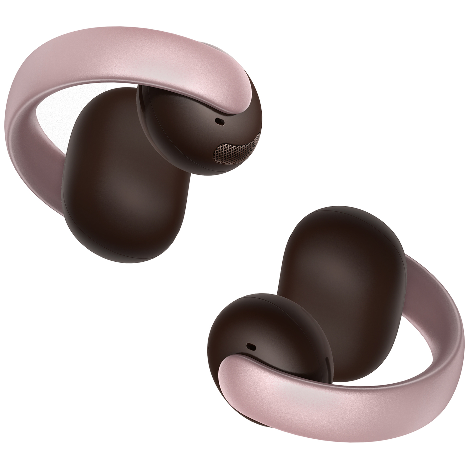 Two wireless earbuds. Each earbud has a dark brown inner piece and a pink loop. White background.