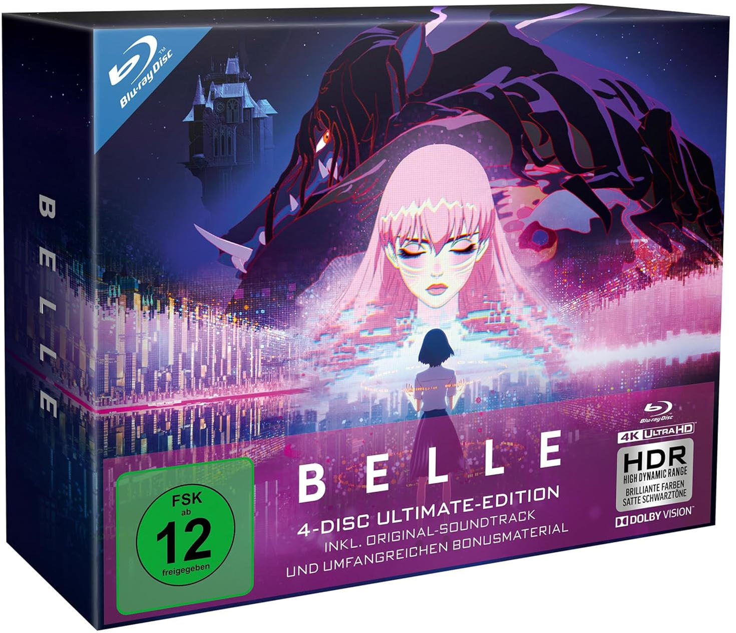 Blu-ray-Box-Art für „BELLE“. Zeigt eine pinkhaarige Frau, eine dunkle Figur und eine Skyline. Text enthält „4K ULTRA HD“ und „HDR“.