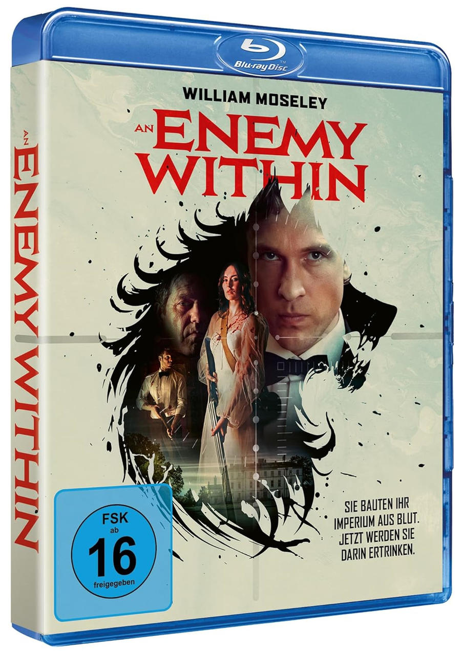 Blu-ray-Cover für 'An Enemy Within' mit William Moseley. Zeigt mehrere Gesichter, eine Frau mit Gewehr und 'FSK 16'.
