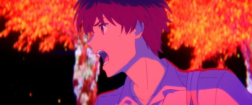 Anime-Illustration eines Mannes mit offenem Mund, der schreit. Rote und violette Töne dominieren. Hintergrund zeigt orangefarbenes Laub.