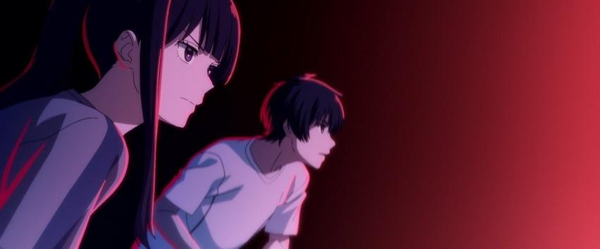 Anime-Stil-Bild. Zwei Personen im Profil. Dunkles Haar, weißes Hemd. Roter Hintergrund. Blick nach rechts.