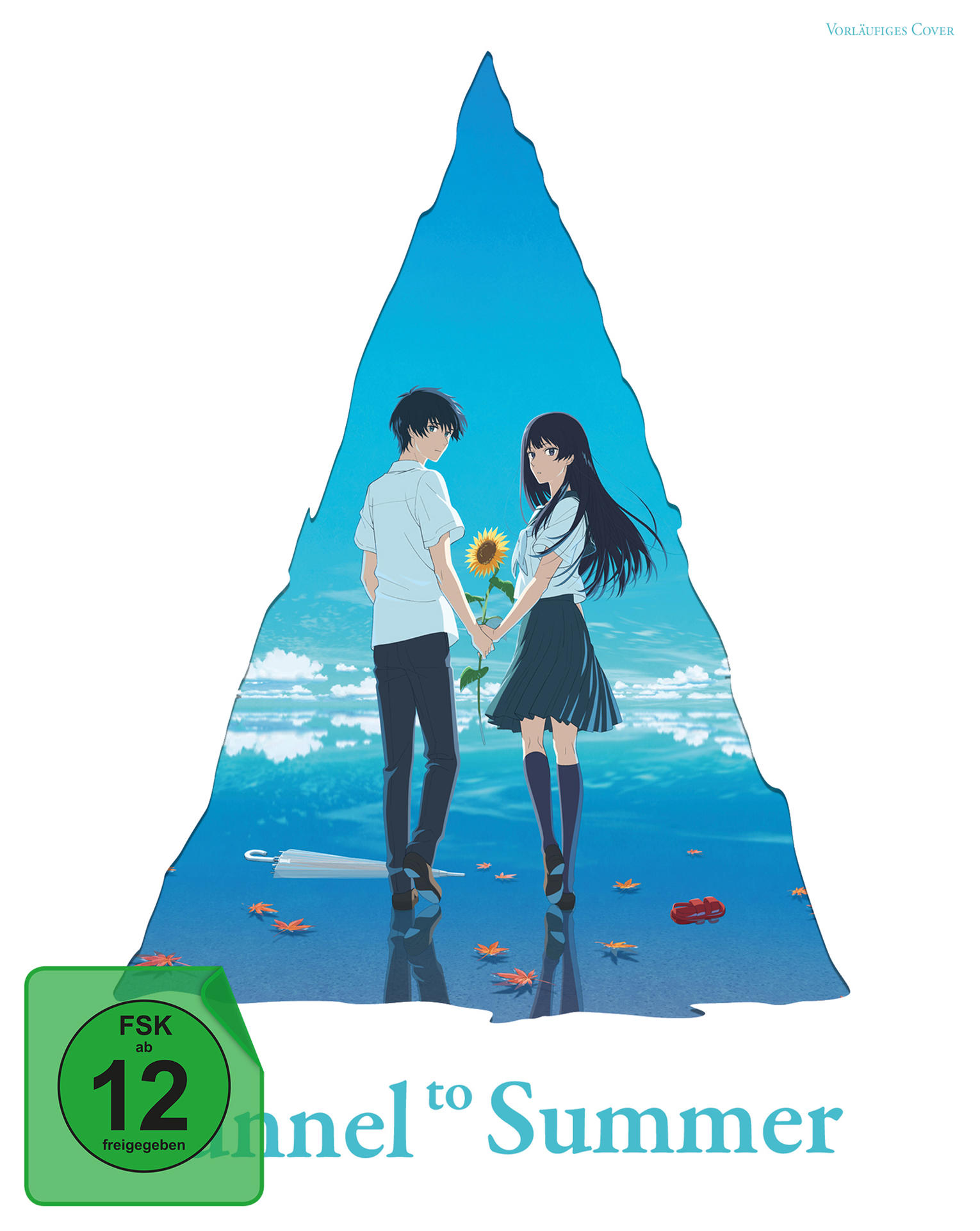 Anime-Paar hält eine Sonnenblume, umrahmt von einer blauen Form, mit Wasserreflexionen. Titel: Tunnel zum Sommer. FSK 12 Label.