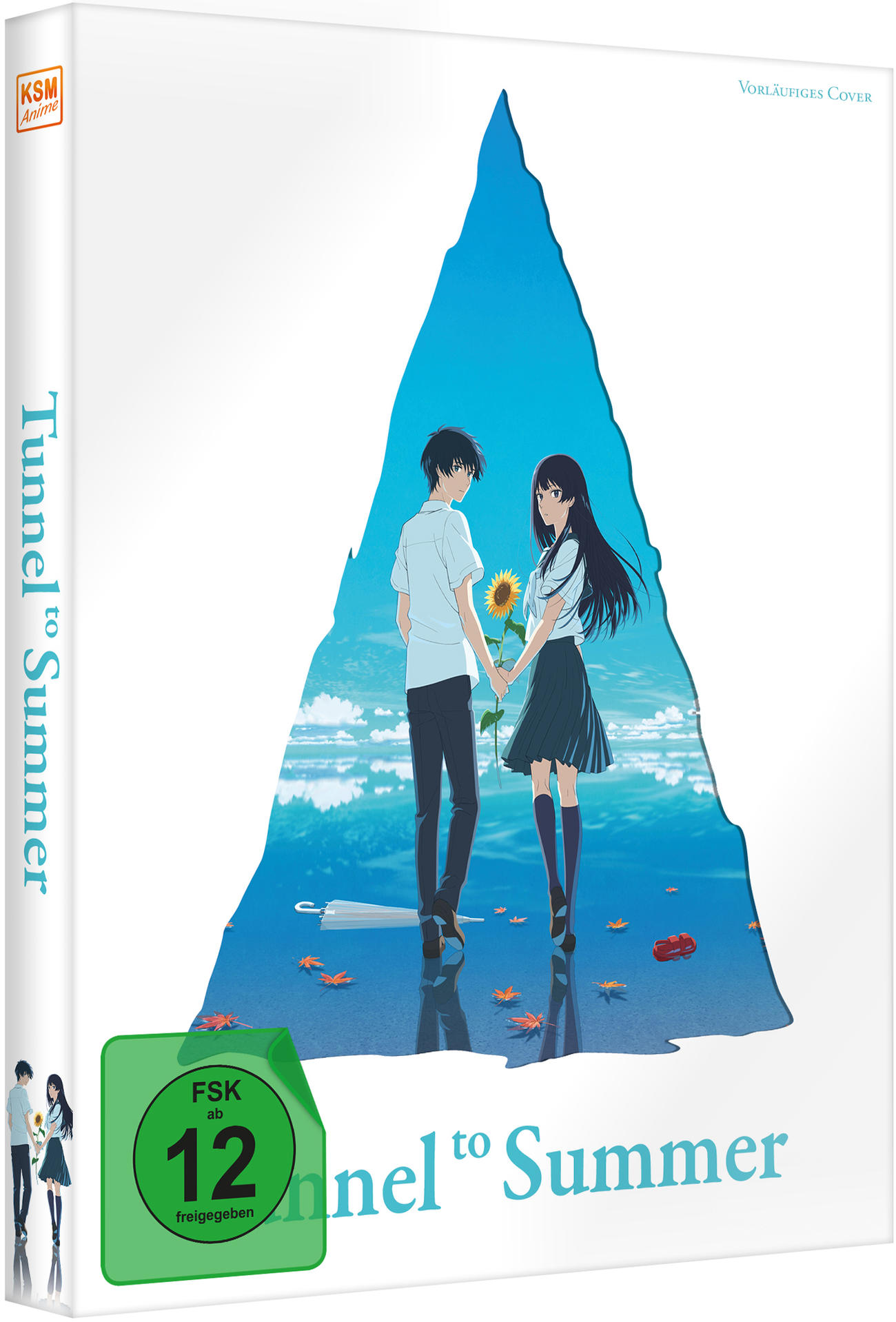 Anime-Cover: Ein Paar hält Hände, eine Sonnenblume zwischen ihnen, in einem blauen, dreieckigen Portal, Titel 'Tunnel to Summer'.