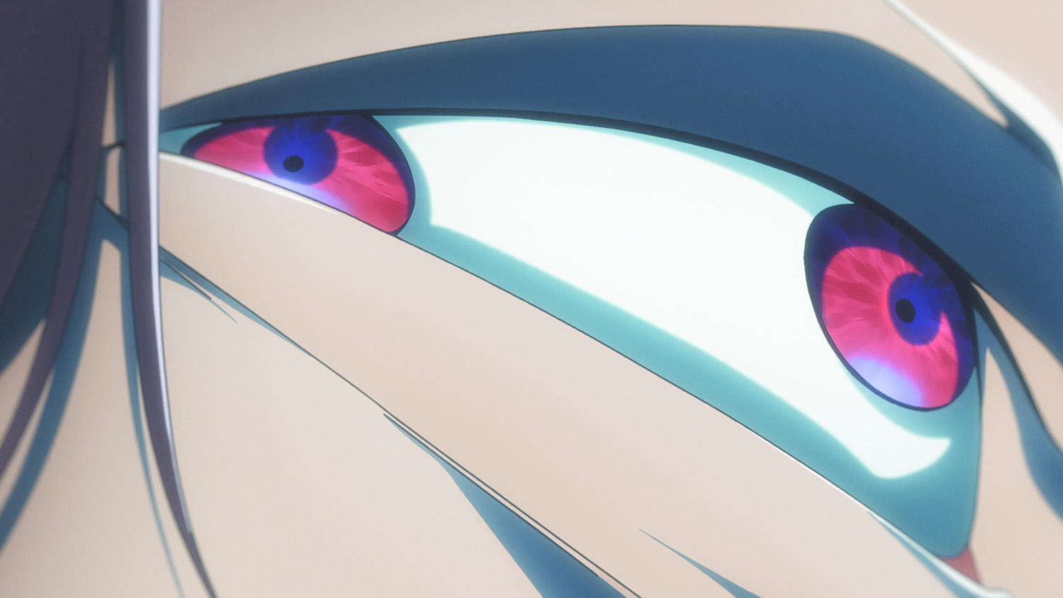 Anime-Nahaufnahme eines Auges. Das Auge hat ein Spiralmuster mit roten und rosa Tönen und eine dunkelblaue Pupille. Blauer Eyeliner.