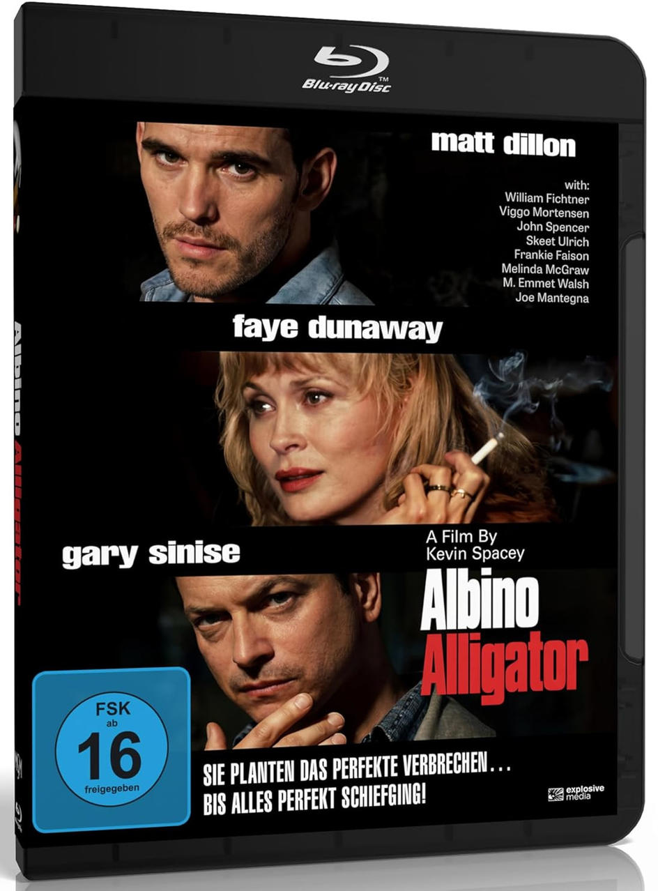 Blu-ray-Cover für Albino Alligator. Mit Matt Dillon, Faye Dunaway und Gary Sinise. Freigegeben ab 16. Schwarzer Hintergrund.