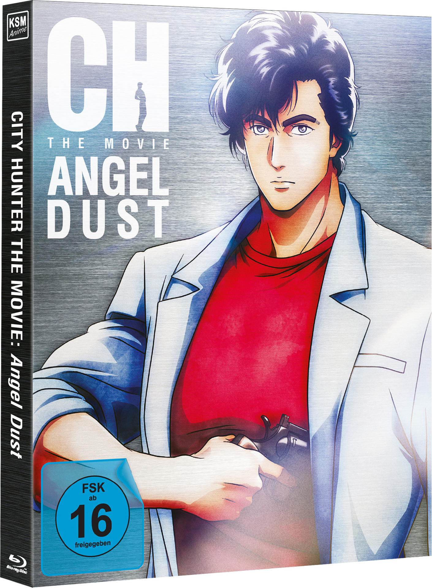 Anime-Filmcover. Ein Mann in einem roten Hemd und einer weißen Jacke hält eine Waffe. Der Titel lautet 'City Hunter: Angel Dust'.