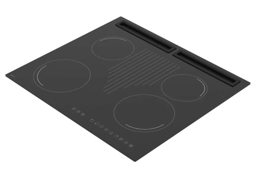Czarna płyta indukcyjna z czterema palnikami, zintegrowanym wyciągiem i sterowaniem dotykowym. Wyizolowana na białym tle.
