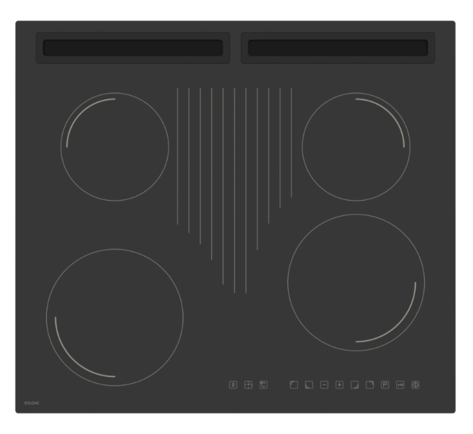 Czarna płyta indukcyjna z czterema okrągłymi palnikami, panelem sterowania i wentylacją. SOLGAZ napisane w lewym dolnym rogu.