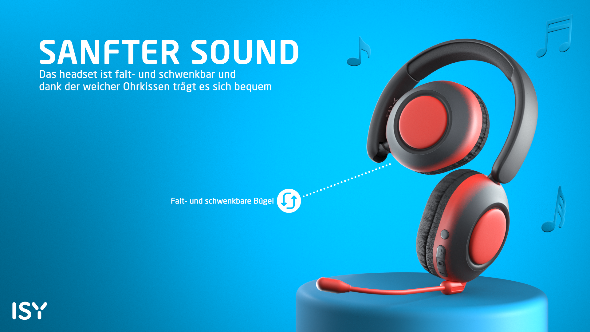 Headset mit roten Ohrmuscheln und schwarzem Rahmen auf blauem Hintergrund. Musiknoten sind verstreut. Das Headset hat ein Mikrofon.