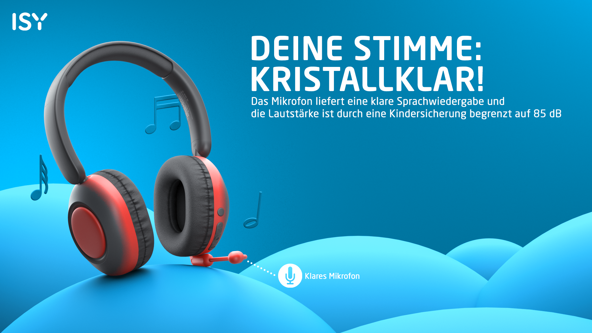 Kopfhörer mit roten Ohrmuscheln auf blauem Hintergrund. Text lautet 'Ihre Stimme kristallklar'. Noten schweben herum.