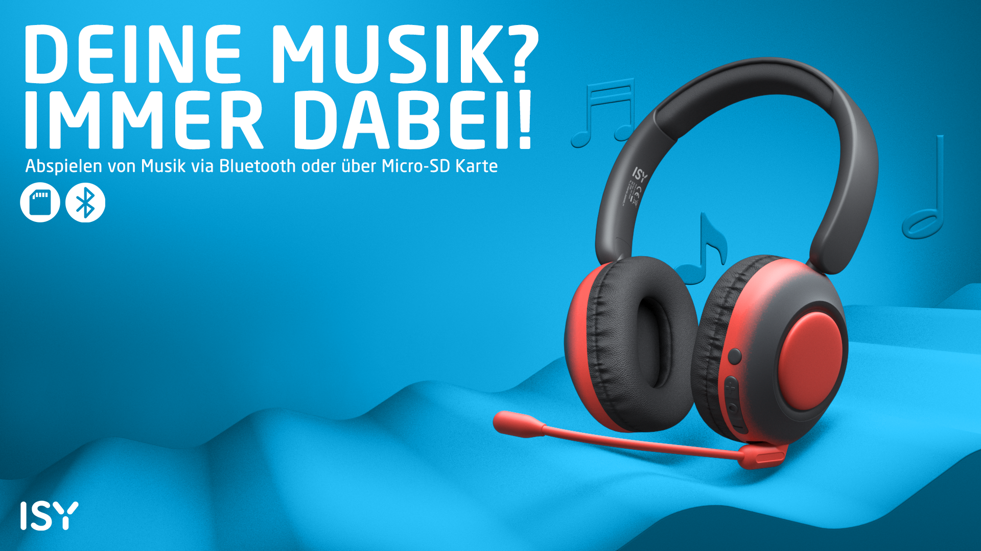 Kopfhörer mit roten Akzenten und Mikrofon, auf blauem Hintergrund mit Noten und Text über Musikwiedergabe.