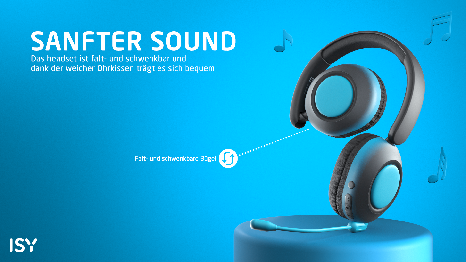 Kopfhörer mit blauem und grauem Design auf blauem Hintergrund. Text lautet 'SANFTER SOUND'. Noten sind um das Headset verstreut.